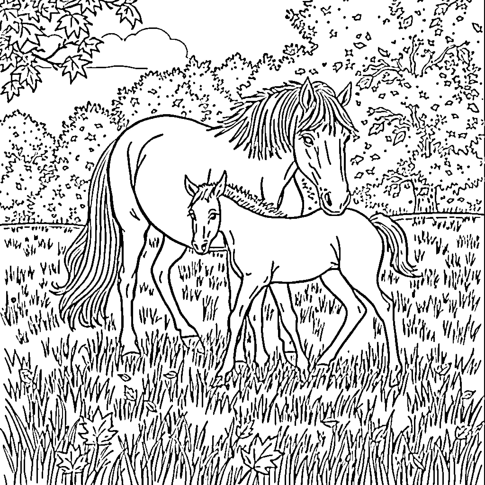 Horses in Autumn Foliage Coloring Page (free black-and-white line drawing printable PDF for all, from beginners to advanced learners, including children, teens, adults, and seniors)
