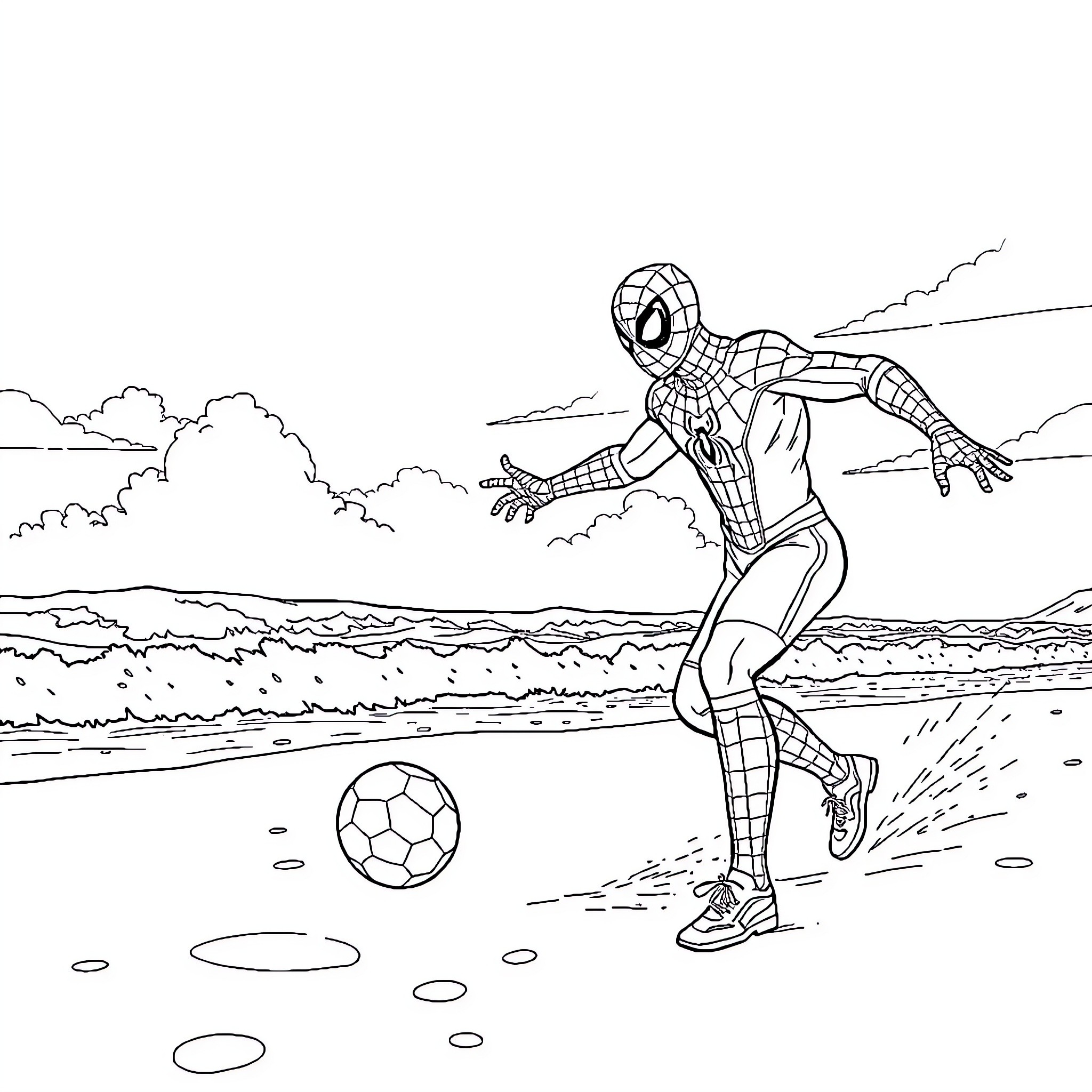 Spiderman kicking a soccer ball on the beach Coloring Page (free black-and-white line drawing printable PDF for all, from beginners to advanced learners, including children, teens, adults, and seniors)