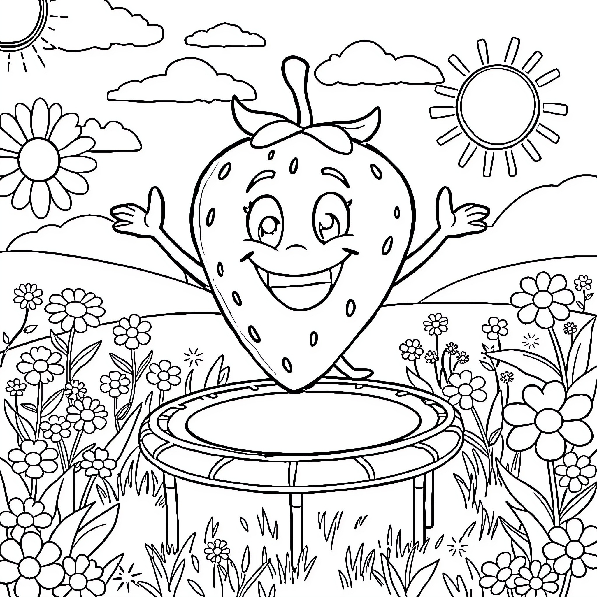 Strawberry Bouncing on Trampoline in Sunny Garden Coloring Page (free black-and-white line drawing printable PDF for all, from beginners to advanced learners, including children, teens, adults, and seniors)