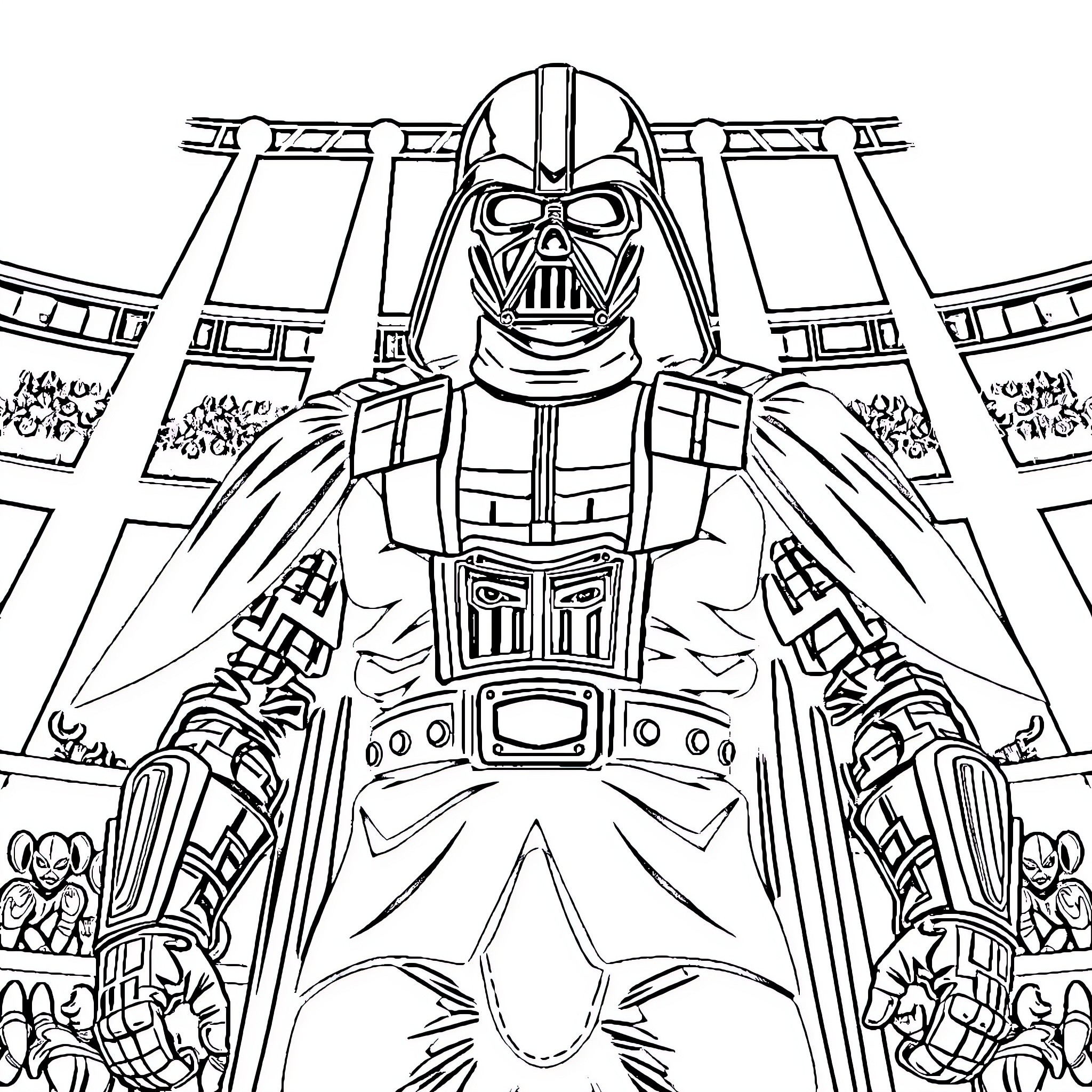 Vader Commands a Galactic Audience Coloring Page (free black-and-white line drawing printable PDF for all, from beginners to advanced learners, including children, teens, adults, and seniors)