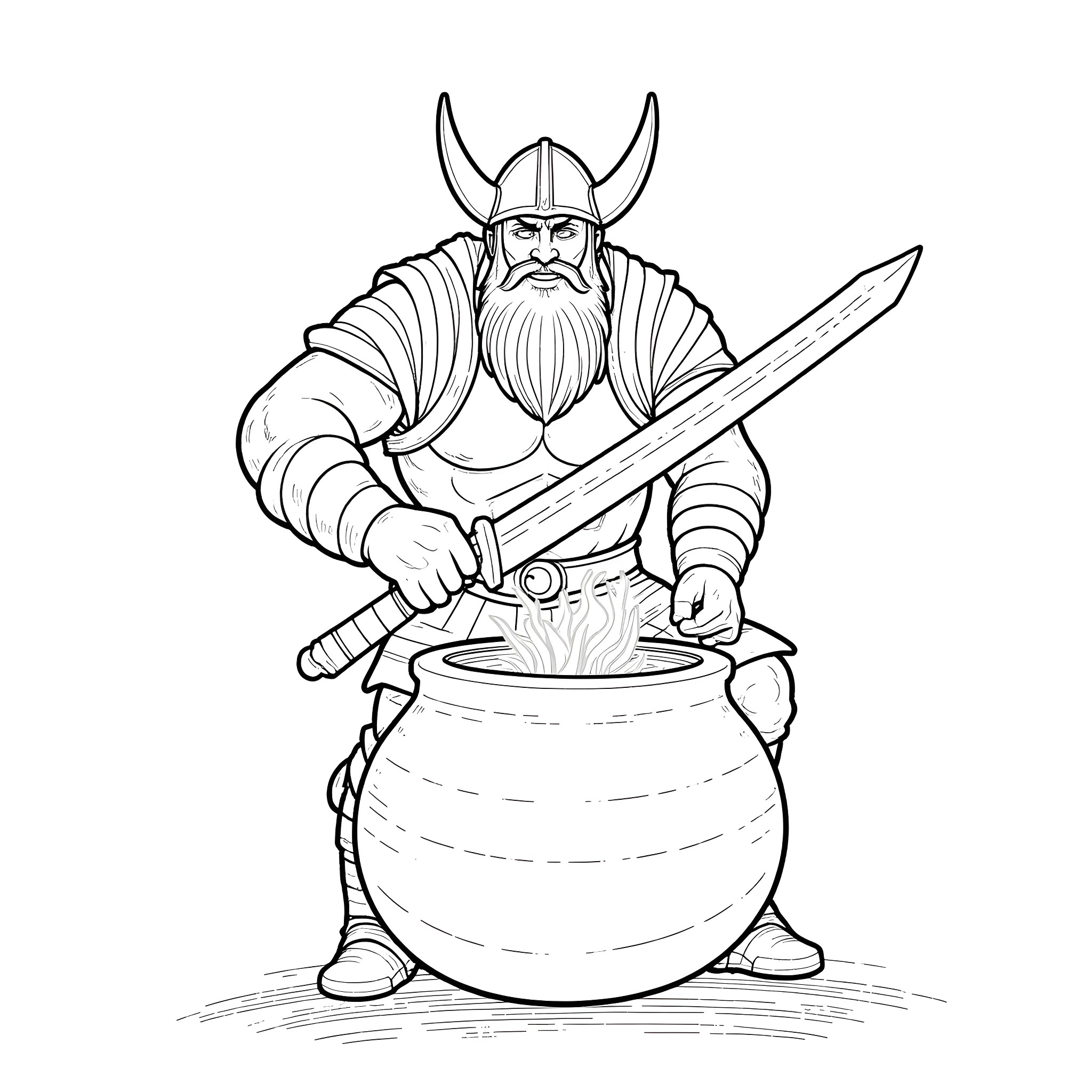 Viking warrior forging a weapon Coloring Page (free black-and-white line drawing printable PDF for all, from beginners to advanced learners, including children, teens, adults, and seniors)
