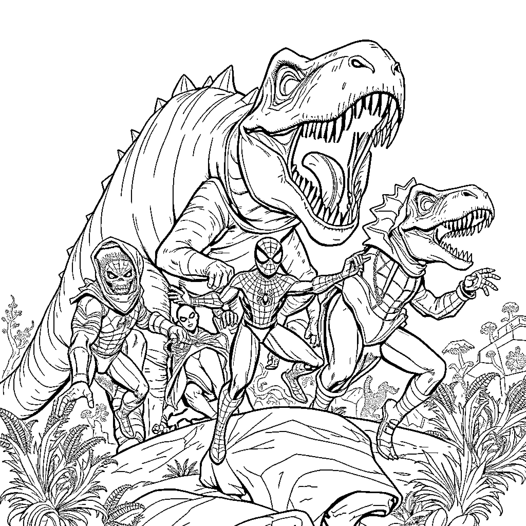 Spider-Man facing off against dinosaur villains in action-packed scene Coloring Page (free black-and-white line drawing printable PDF for all, from beginners to advanced learners, including children, teens, adults, and seniors)