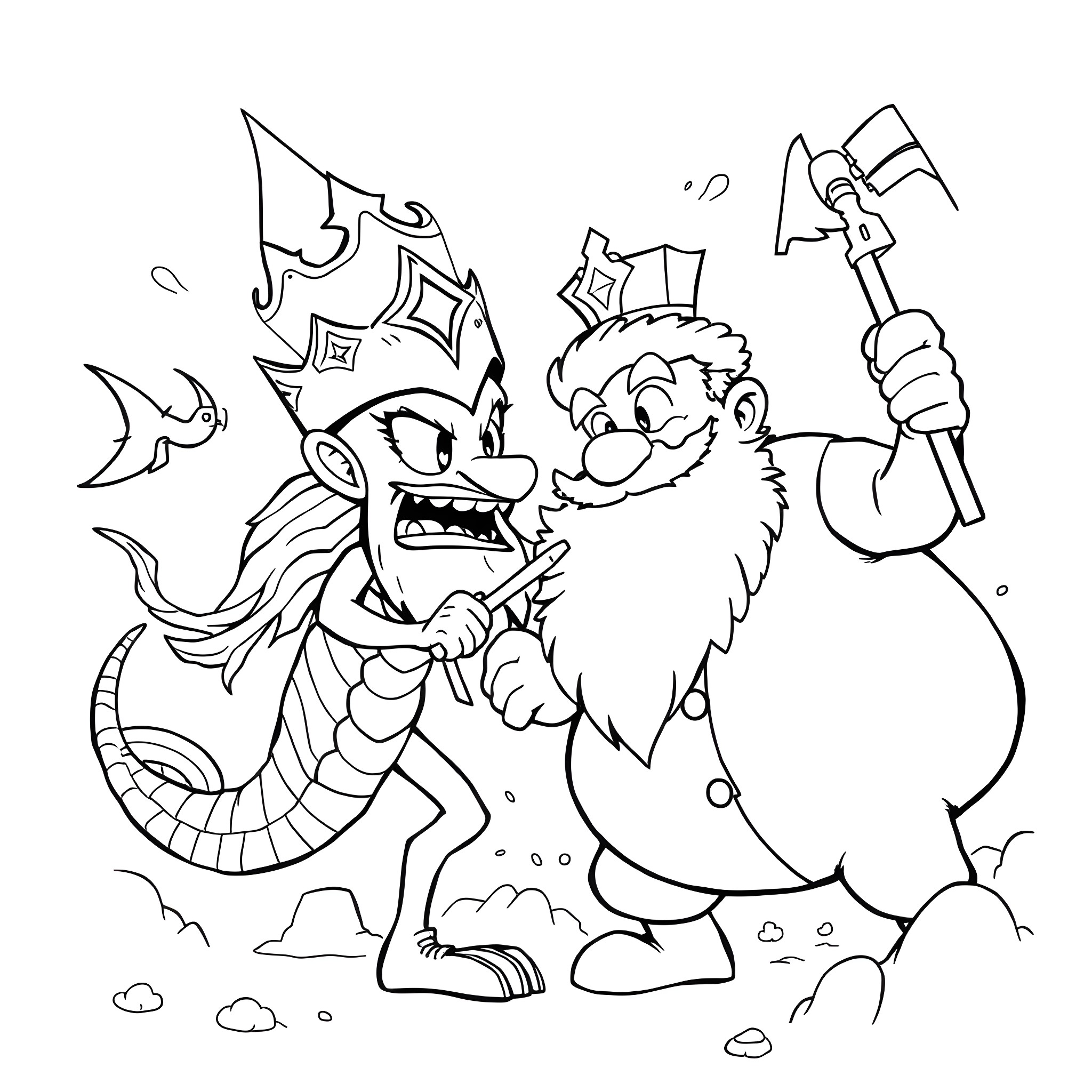 Siren Head Jr. battling a fierce dragon with an axe Coloring Page (free black-and-white line drawing printable PDF for all, from beginners to advanced learners, including children, teens, adults, and seniors)