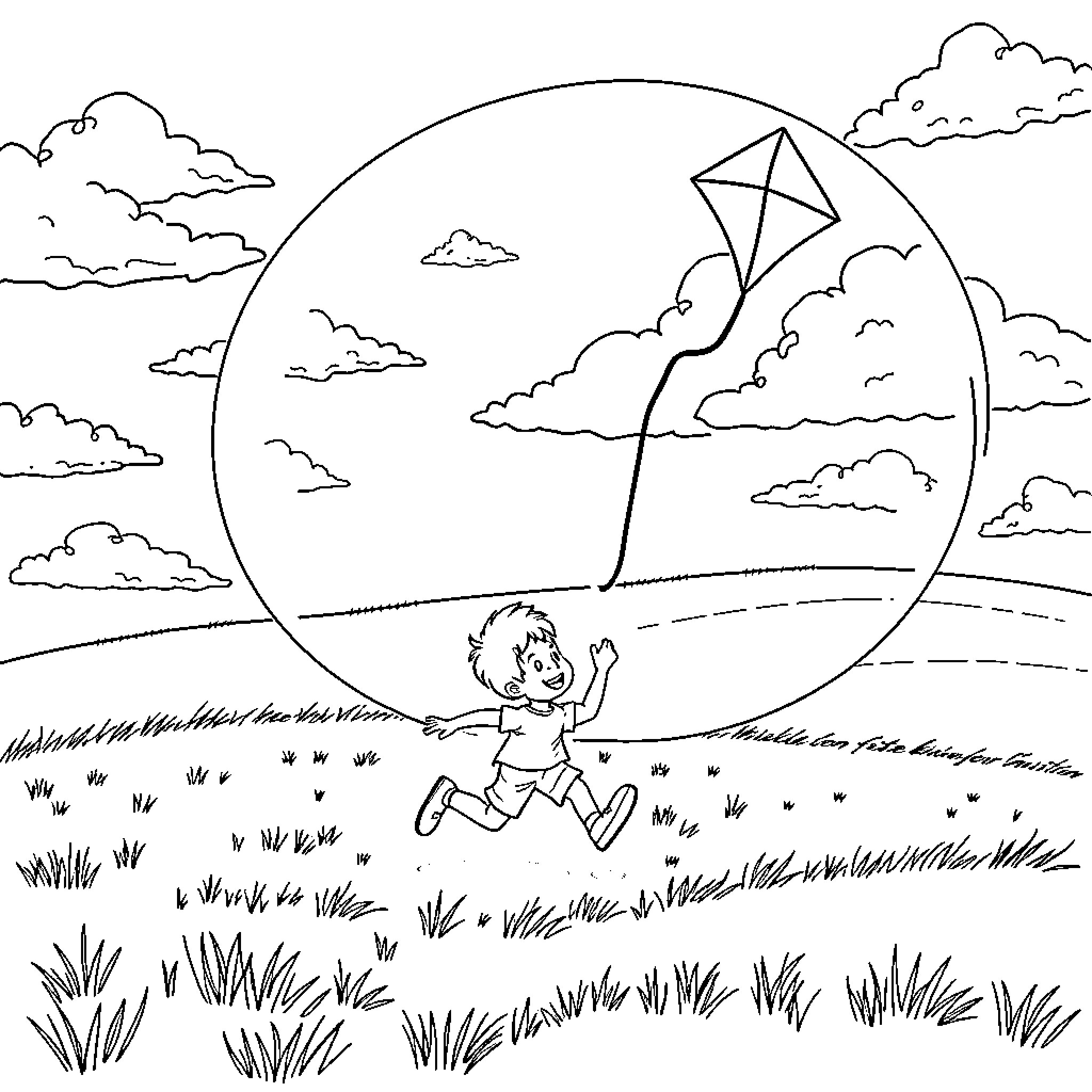Kid running with kite in the park Coloring Page (free black-and-white line drawing printable PDF for all, from beginners to advanced learners, including children, teens, adults, and seniors)