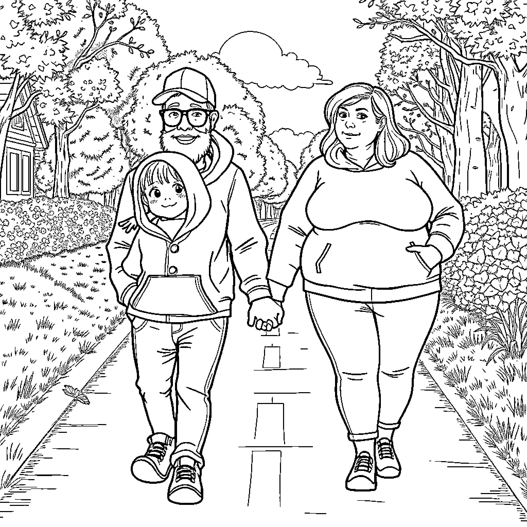 Family Enjoying a Scenic Outdoor Walk Coloring Page (free black-and-white line drawing printable PDF for all, from beginners to advanced learners, including children, teens, adults, and seniors)