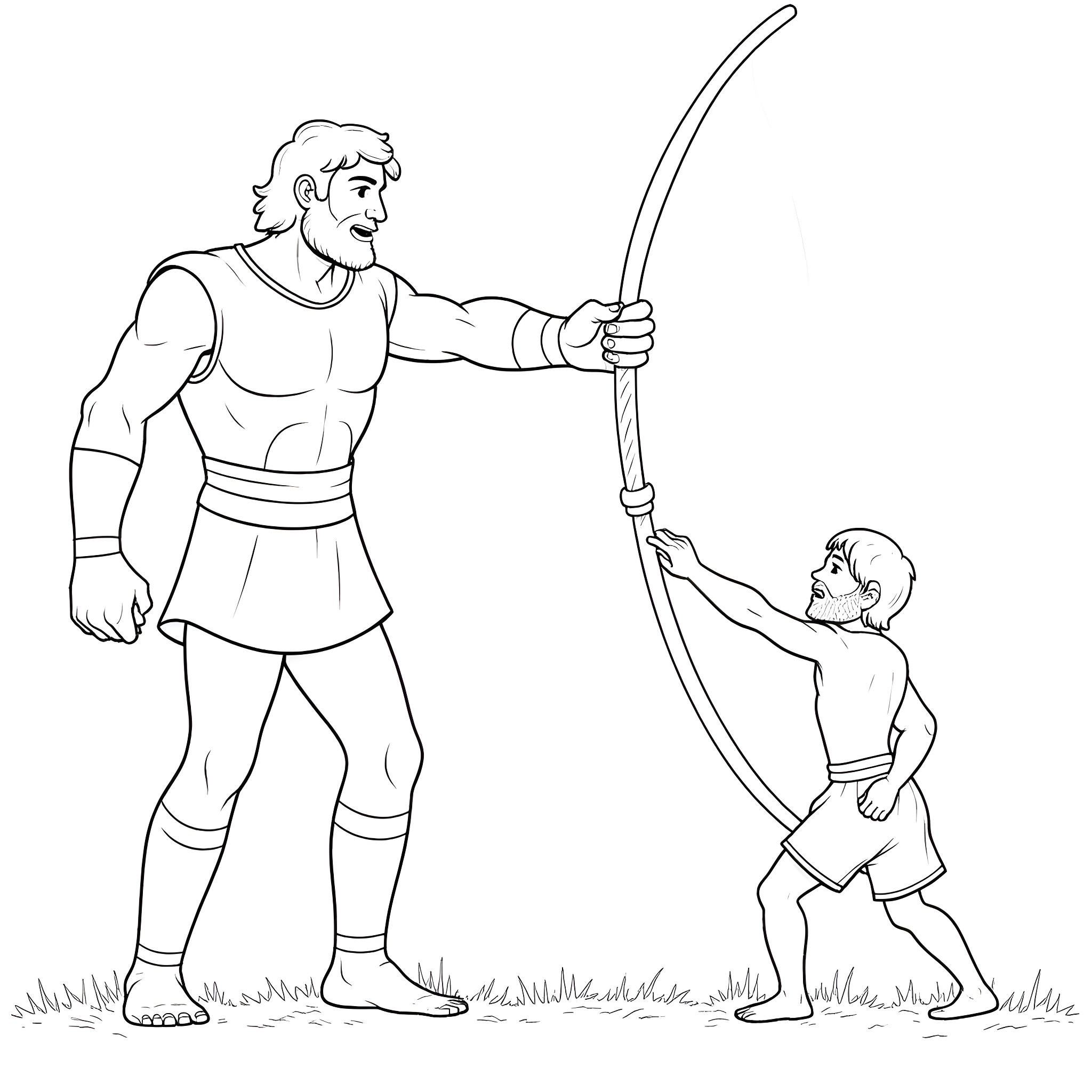 David teaching a young boy archery skills in the field Coloring Page (free black-and-white line drawing printable PDF for all, from beginners to advanced learners, including children, teens, adults, and seniors)