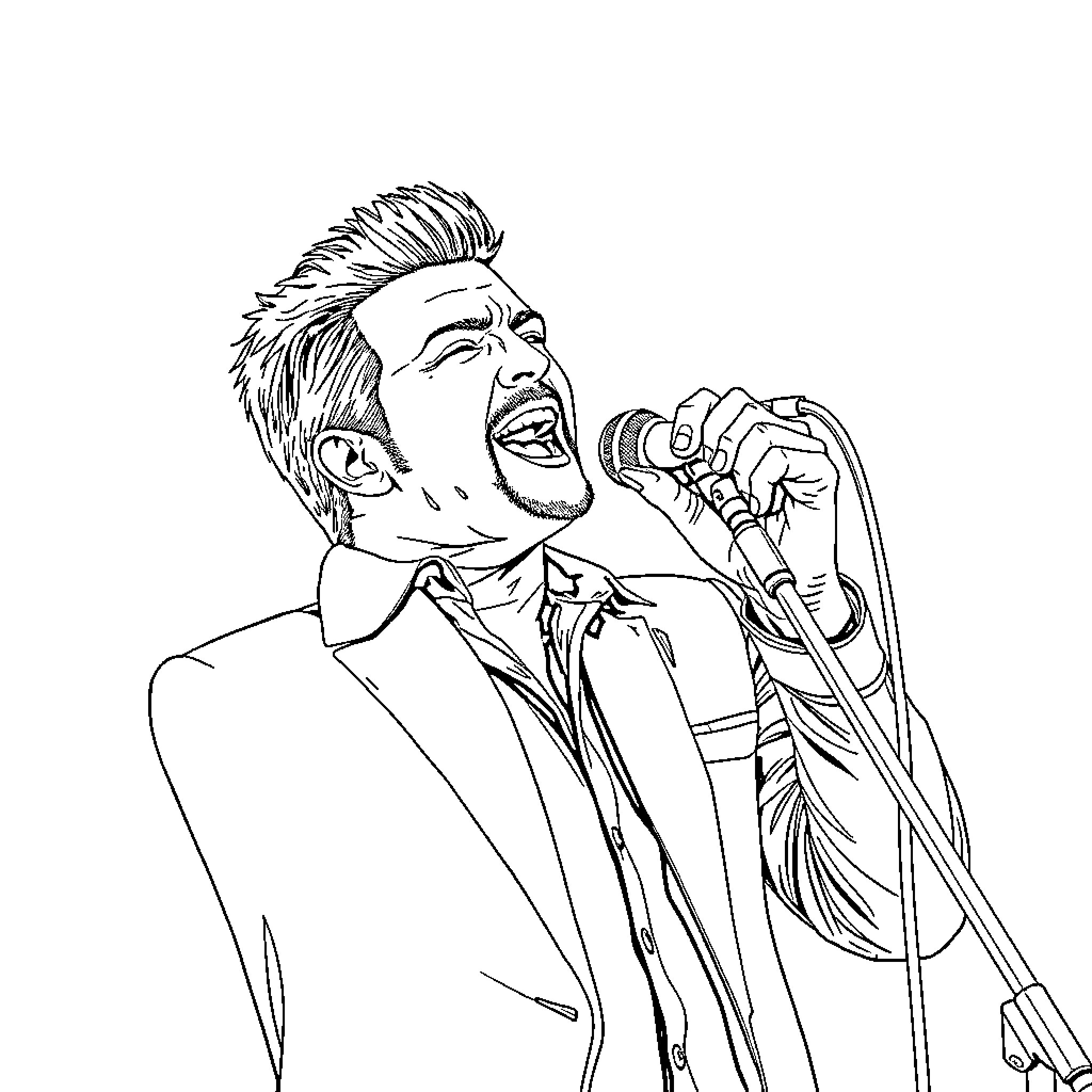 George Michael Performing on Stage with Passion Coloring Page (free black-and-white line drawing printable PDF for all, from beginners to advanced learners, including children, teens, adults, and seniors)