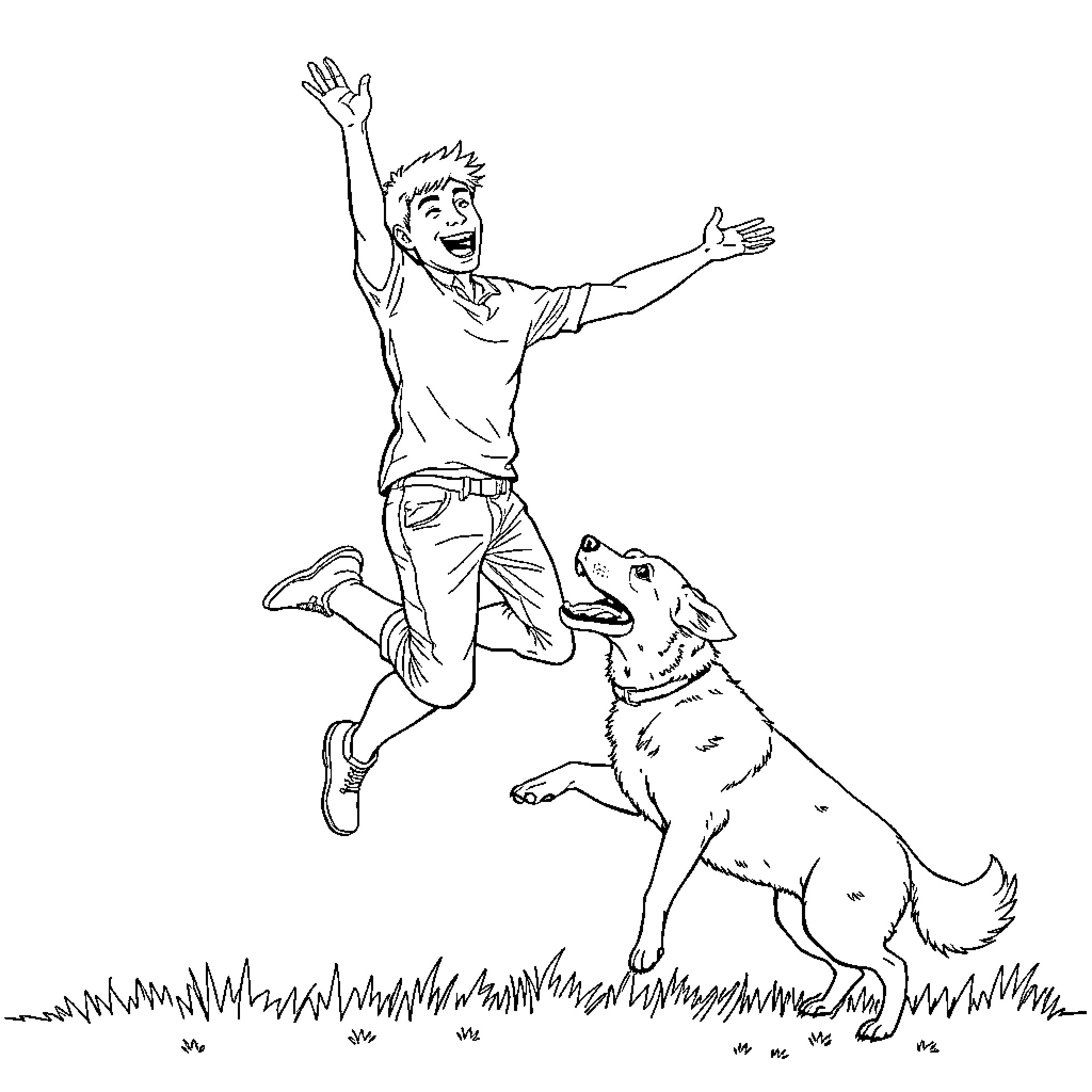 Man joyfully playing with his dog in the field Coloring Page (free black-and-white line drawing printable PDF for all, from beginners to advanced learners, including children, teens, adults, and seniors)
