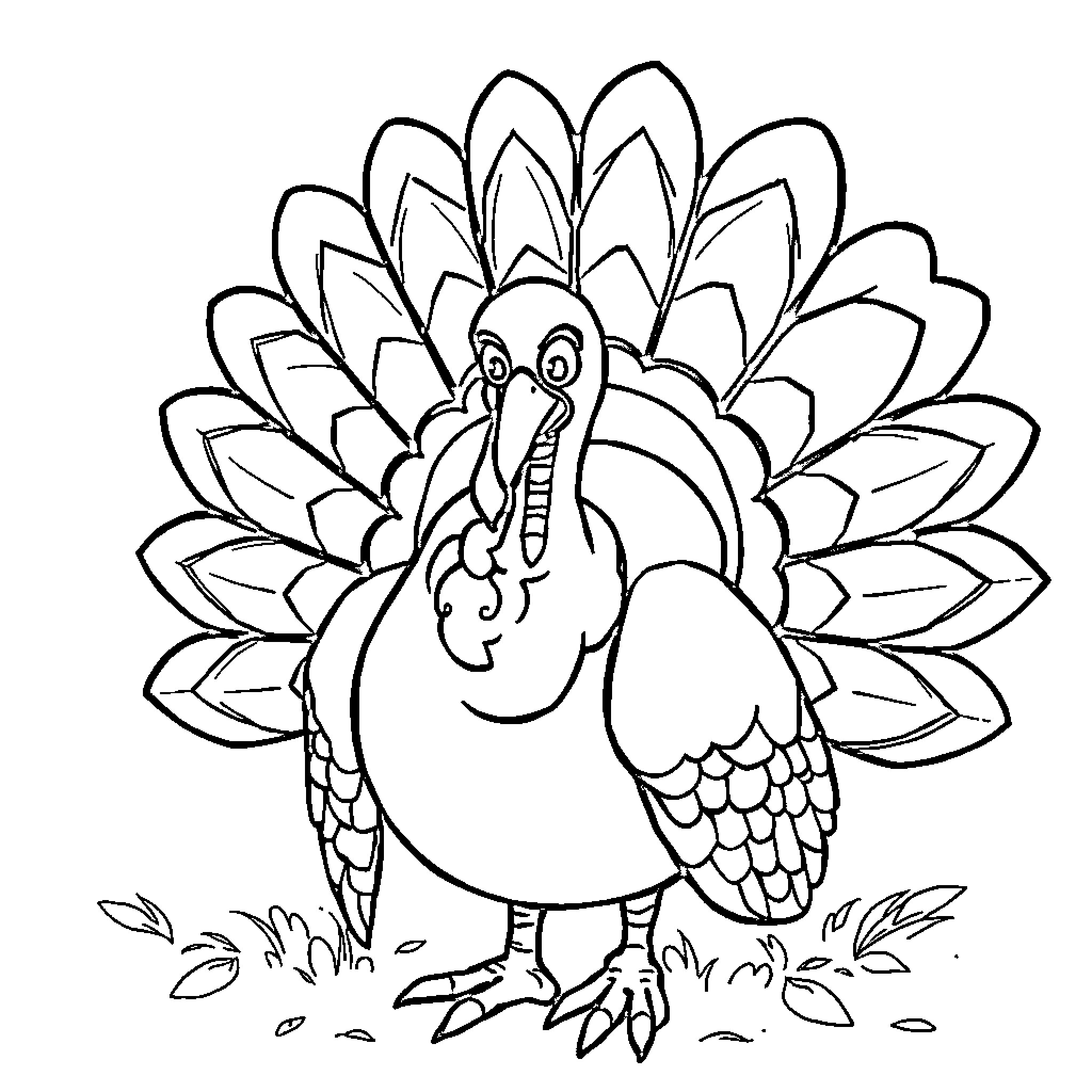Turkey with feathers spreading in nature Coloring Page (free black-and-white line drawing printable PDF for all, from beginners to advanced learners, including children, teens, adults, and seniors)