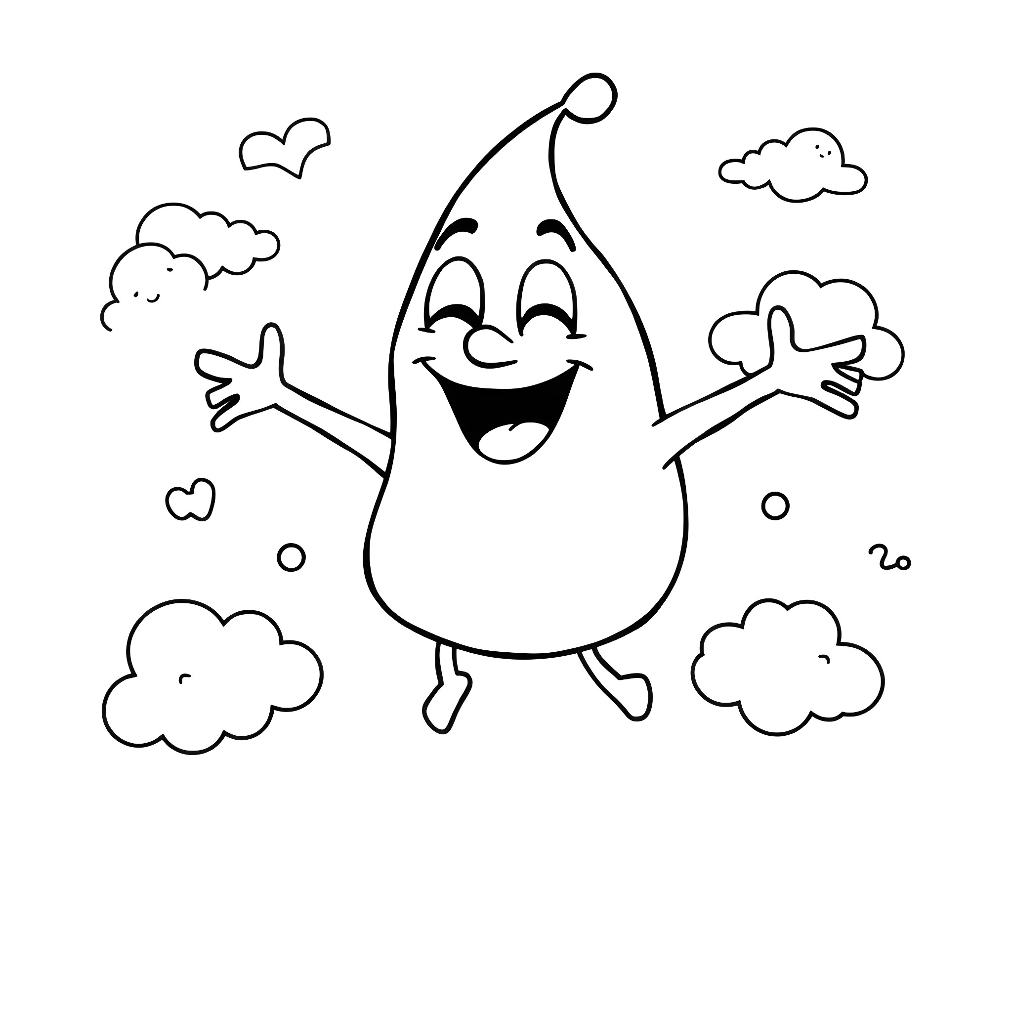 Booger character happily jumping in clouds Coloring Page (free black-and-white line drawing printable PDF for all, from beginners to advanced learners, including children, teens, adults, and seniors)