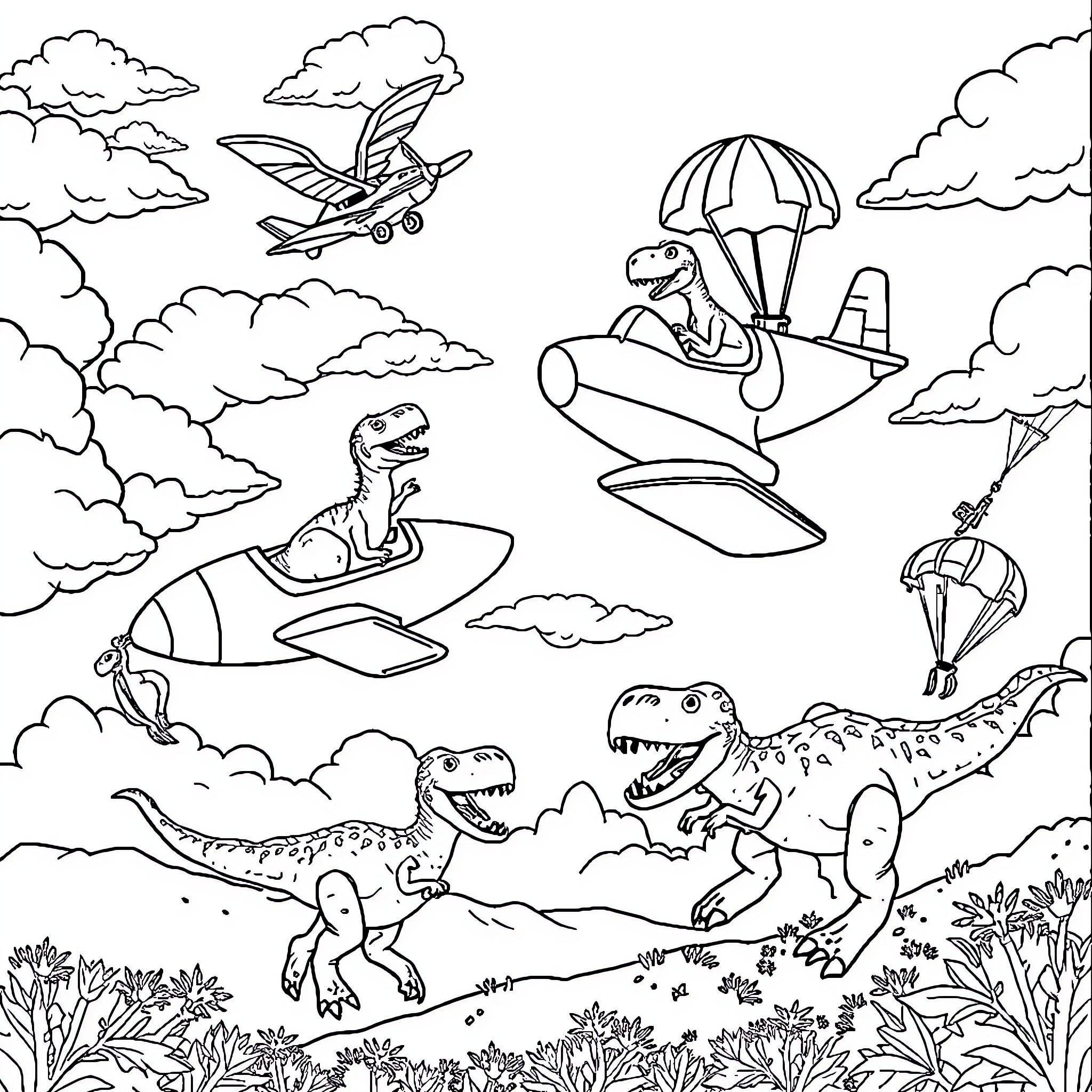 Dinosaurs on whimsical aerial adventures Coloring Page (free black-and-white line drawing printable PDF for all, from beginners to advanced learners, including children, teens, adults, and seniors)