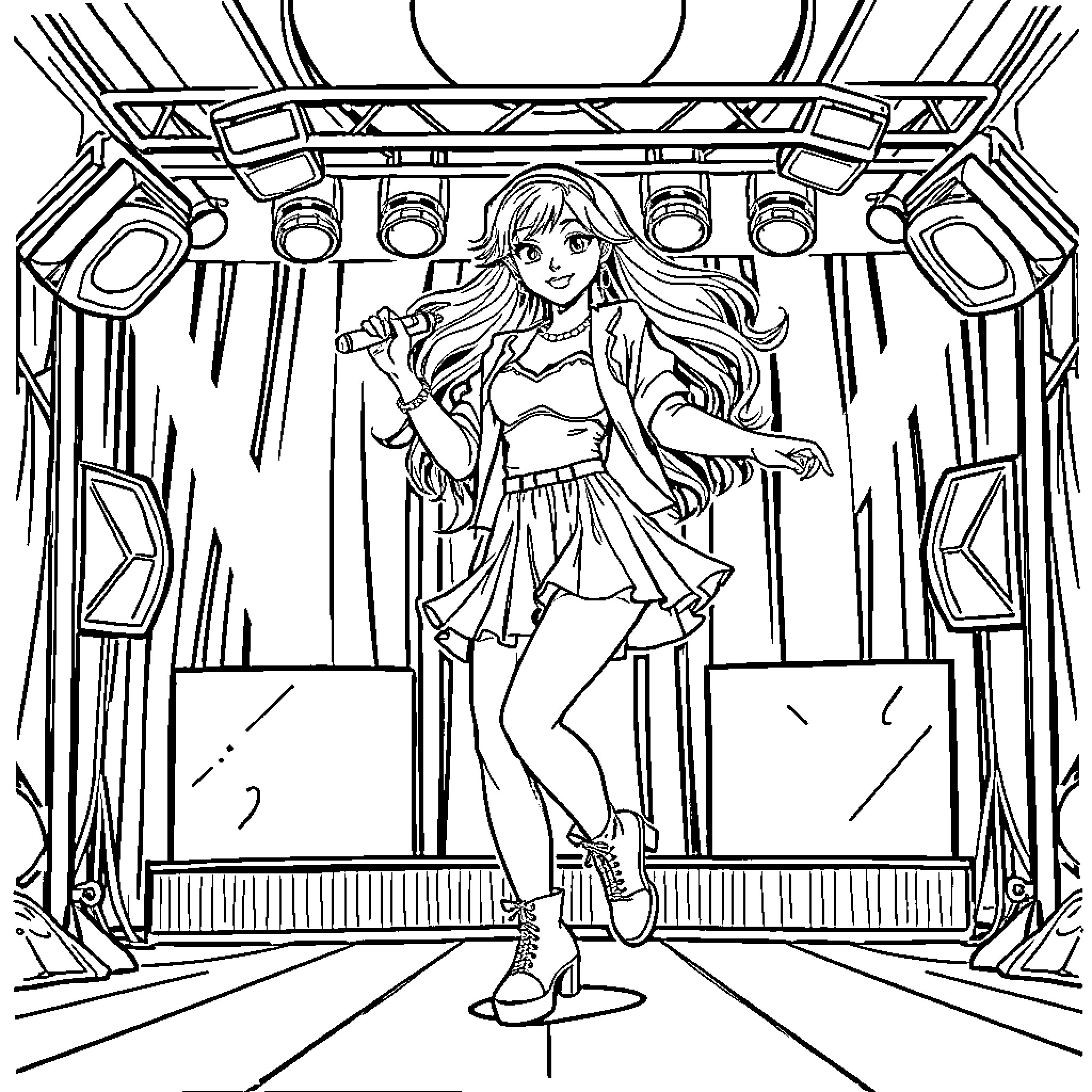 Zoey's Animated Stage Performance Coloring Page (free black-and-white line drawing printable PDF for all, from beginners to advanced learners, including children, teens, adults, and seniors)