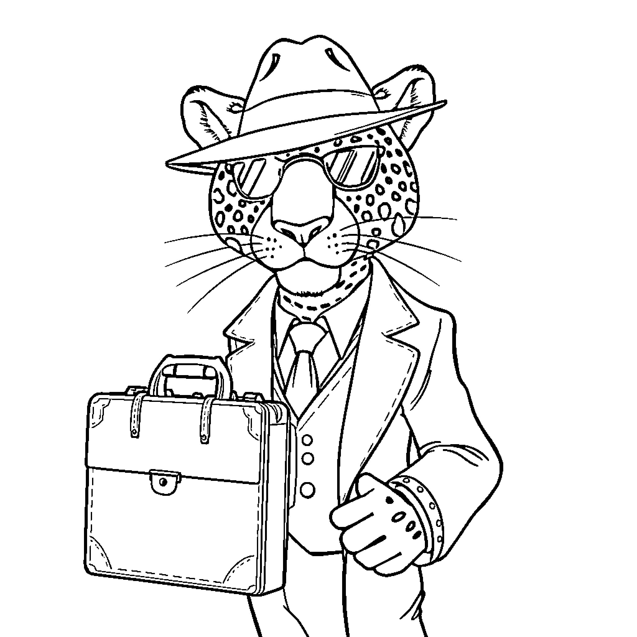 Jaguar businessman holding briefcase and wearing sunglasses Coloring Page (free black-and-white line drawing printable PDF for all, from beginners to advanced learners, including children, teens, adults, and seniors)