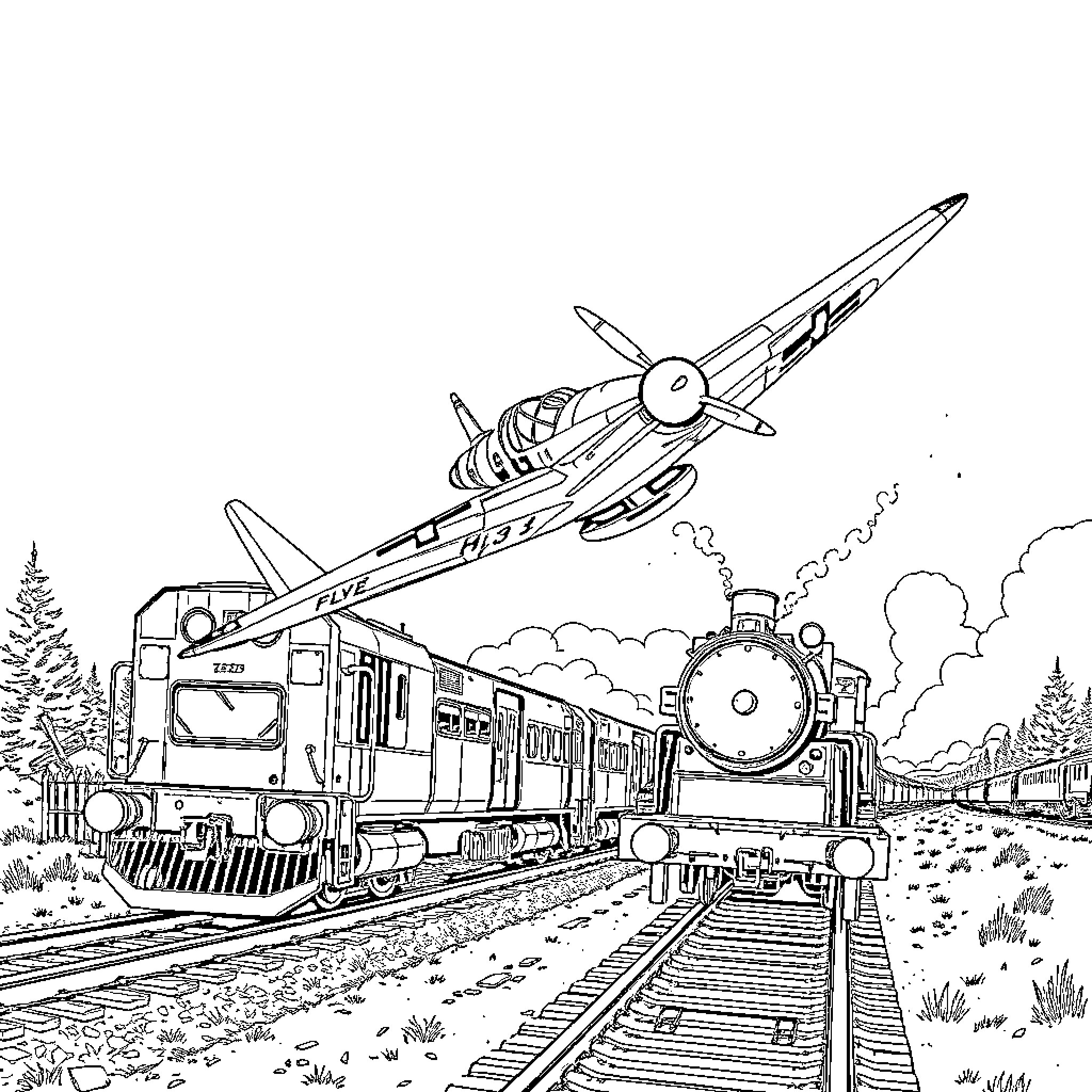 Stuka dive bomber and vintage steam locomotive on railway Coloring Page (free black-and-white line drawing printable PDF for all, from beginners to advanced learners, including children, teens, adults, and seniors)