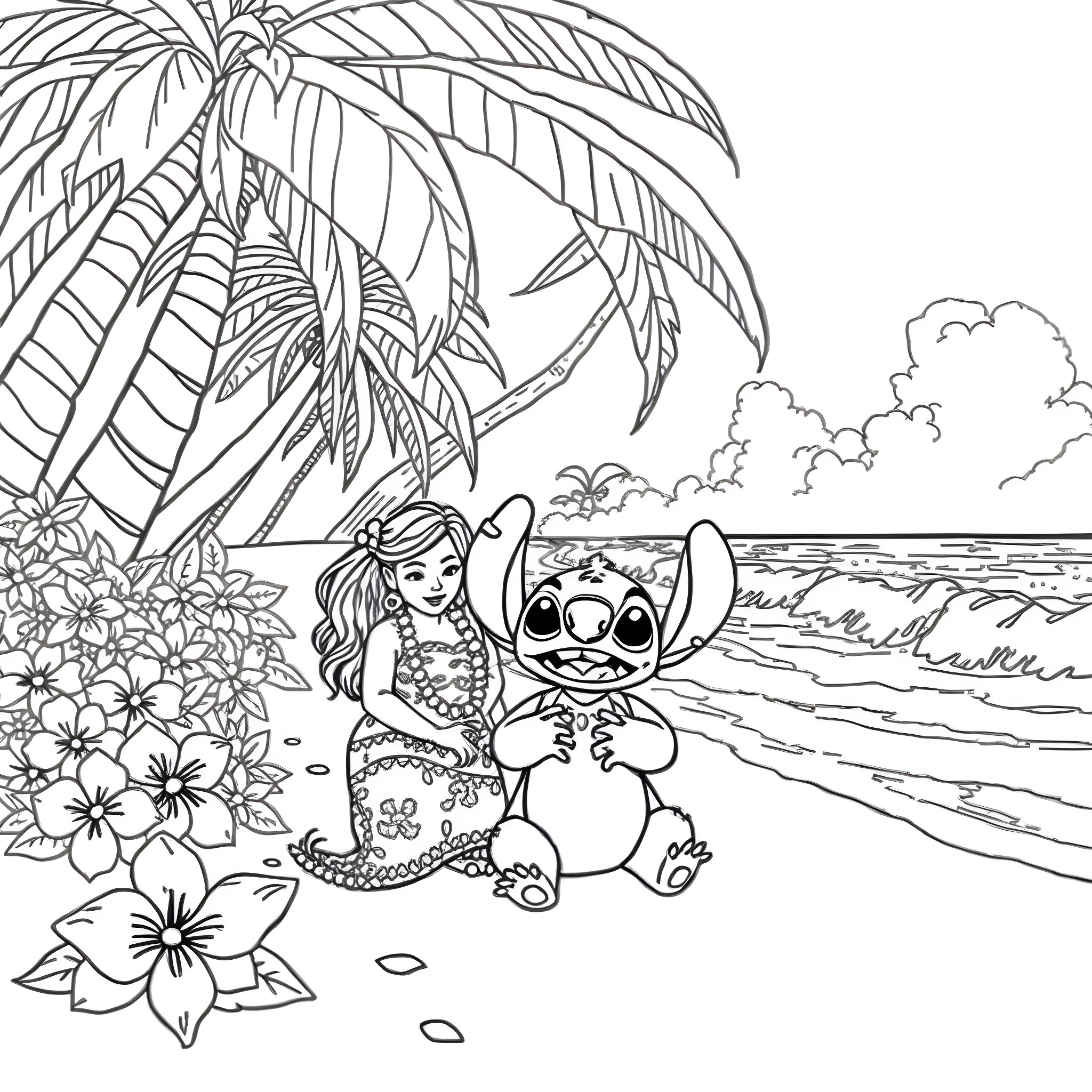Lilo enjoying the beach with her friend Stitch Coloring Page (free black-and-white line drawing printable PDF for all, from beginners to advanced learners, including children, teens, adults, and seniors)
