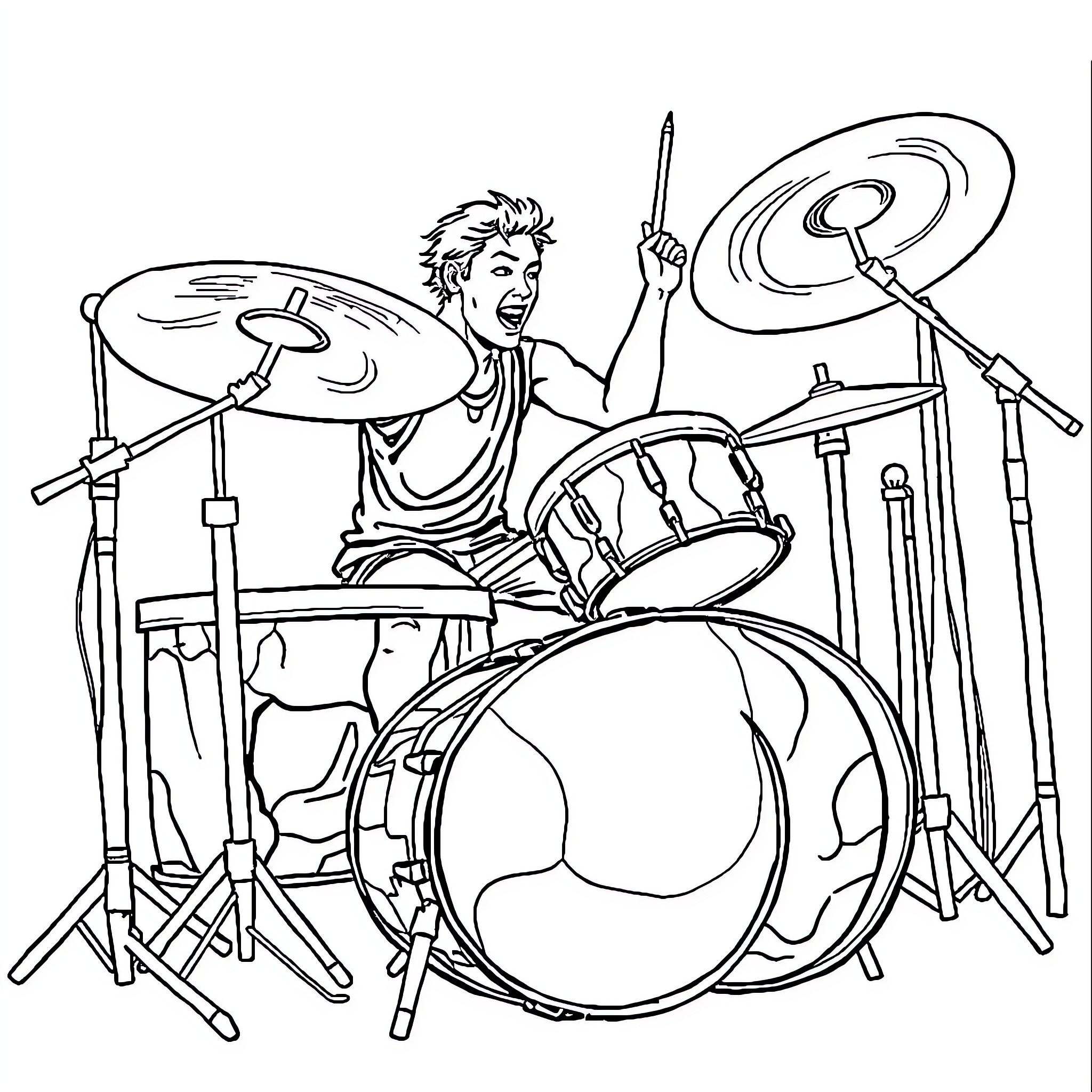 Drummer enthusiastically playing drums on stage Coloring Page (free black-and-white line drawing printable PDF for all, from beginners to advanced learners, including children, teens, adults, and seniors)