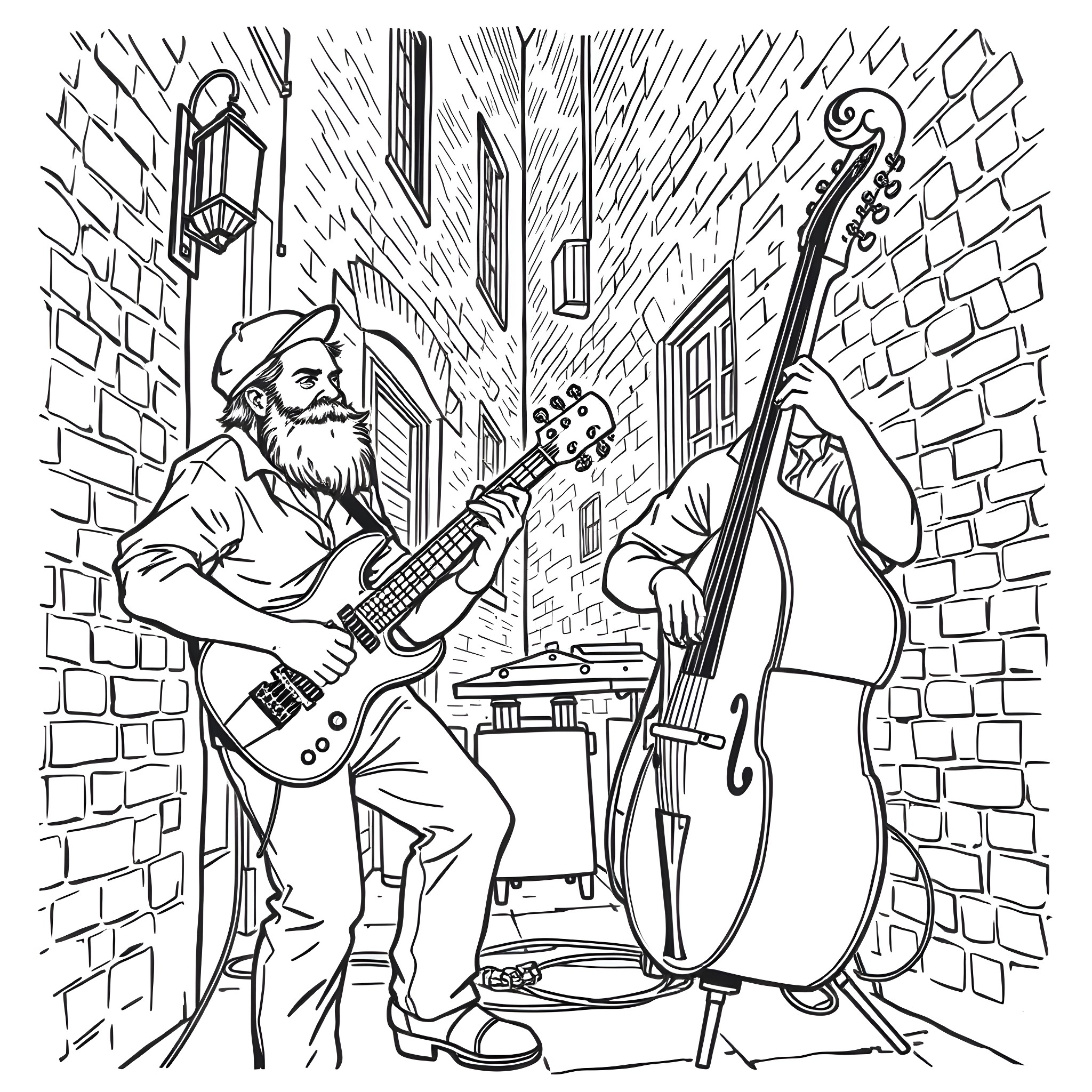 Man playing guitar and cello in city alley Coloring Page (free black-and-white line drawing printable PDF for all, from beginners to advanced learners, including children, teens, adults, and seniors)