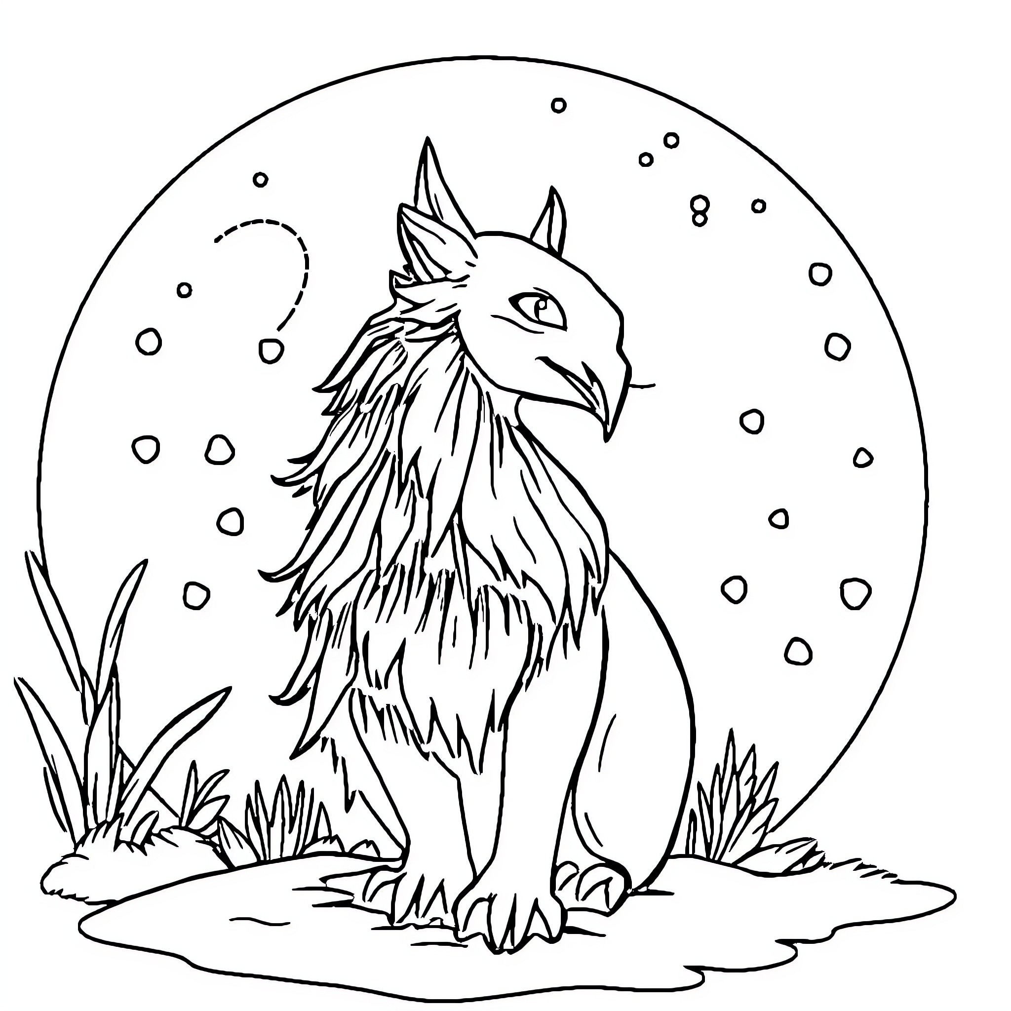 Easy Drawing of Playful Feathered Creature Coloring Page (free black-and-white line drawing printable PDF for all, from beginners to advanced learners, including children, teens, adults, and seniors)