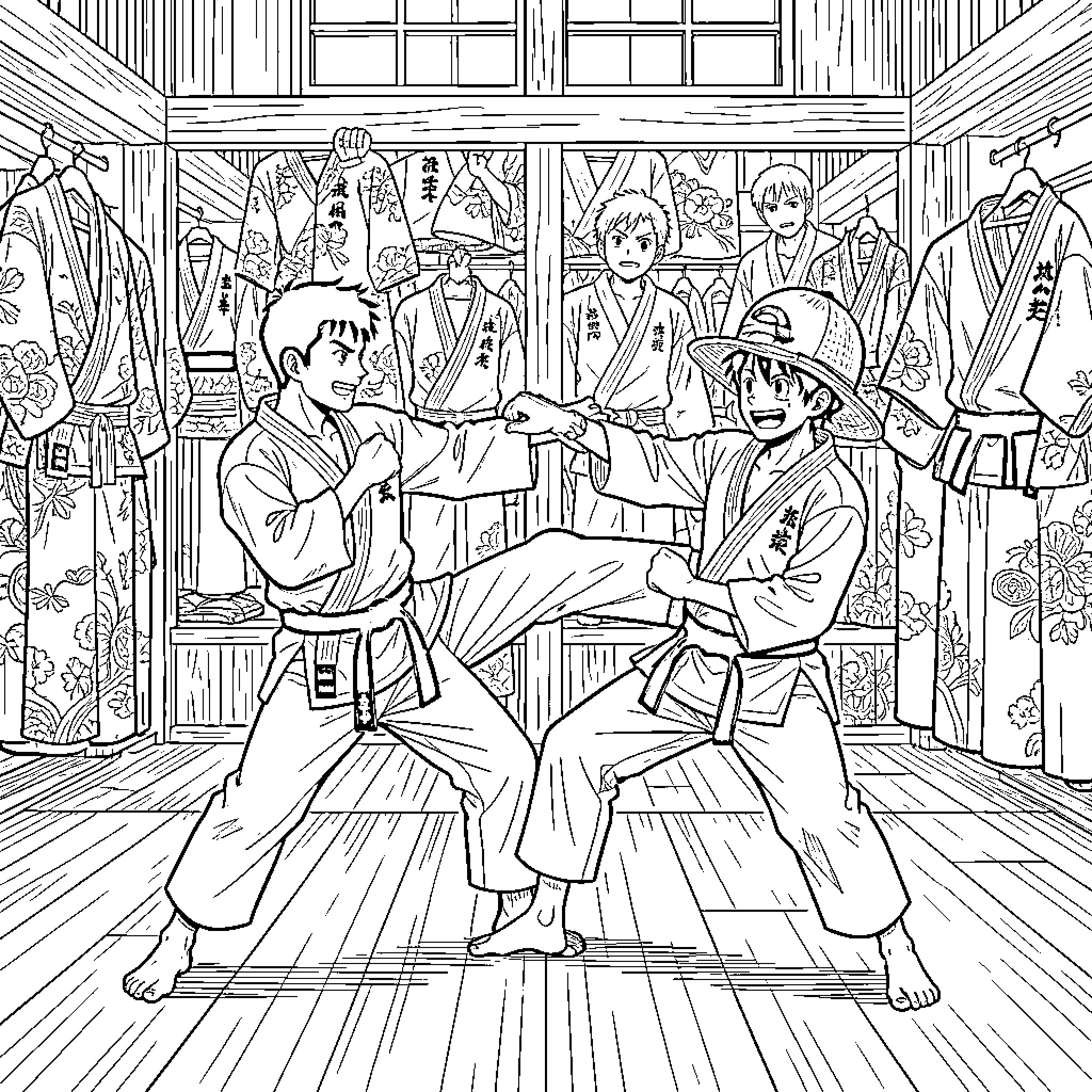 Judo Wrestlers Sparring in Traditional Dojo Coloring Page (free black-and-white line drawing printable PDF for all, from beginners to advanced learners, including children, teens, adults, and seniors)