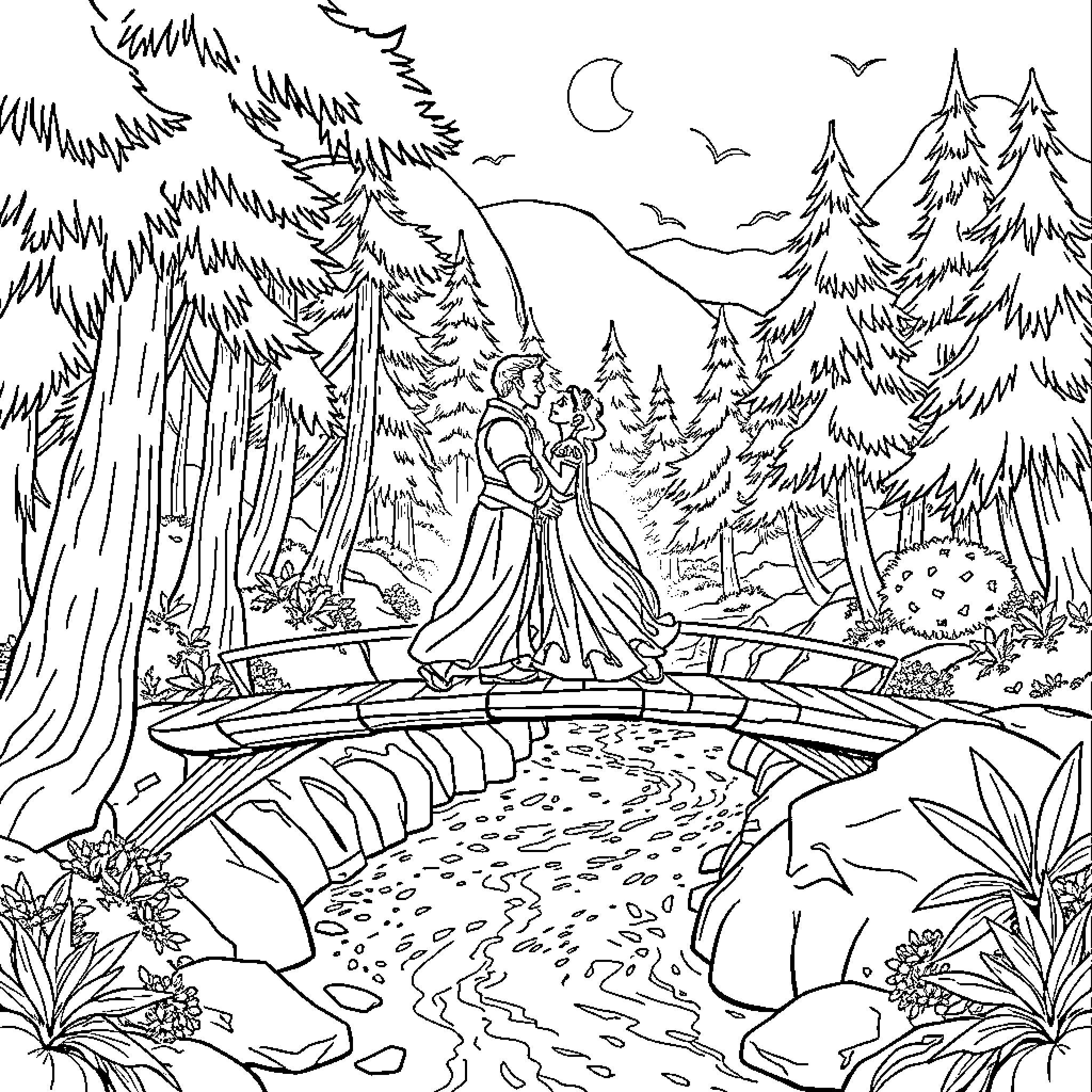 Aladdin and Jasmine's Enchanting Adventure Coloring Page (free black-and-white line drawing printable PDF for all, from beginners to advanced learners, including children, teens, adults, and seniors)