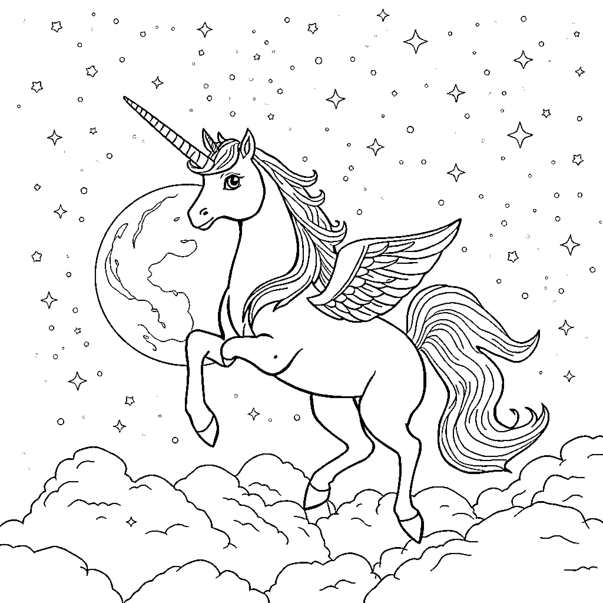 Unicorn soaring with wings over a magical planet Coloring Page (free black-and-white line drawing printable PDF for all, from beginners to advanced learners, including children, teens, adults, and seniors)