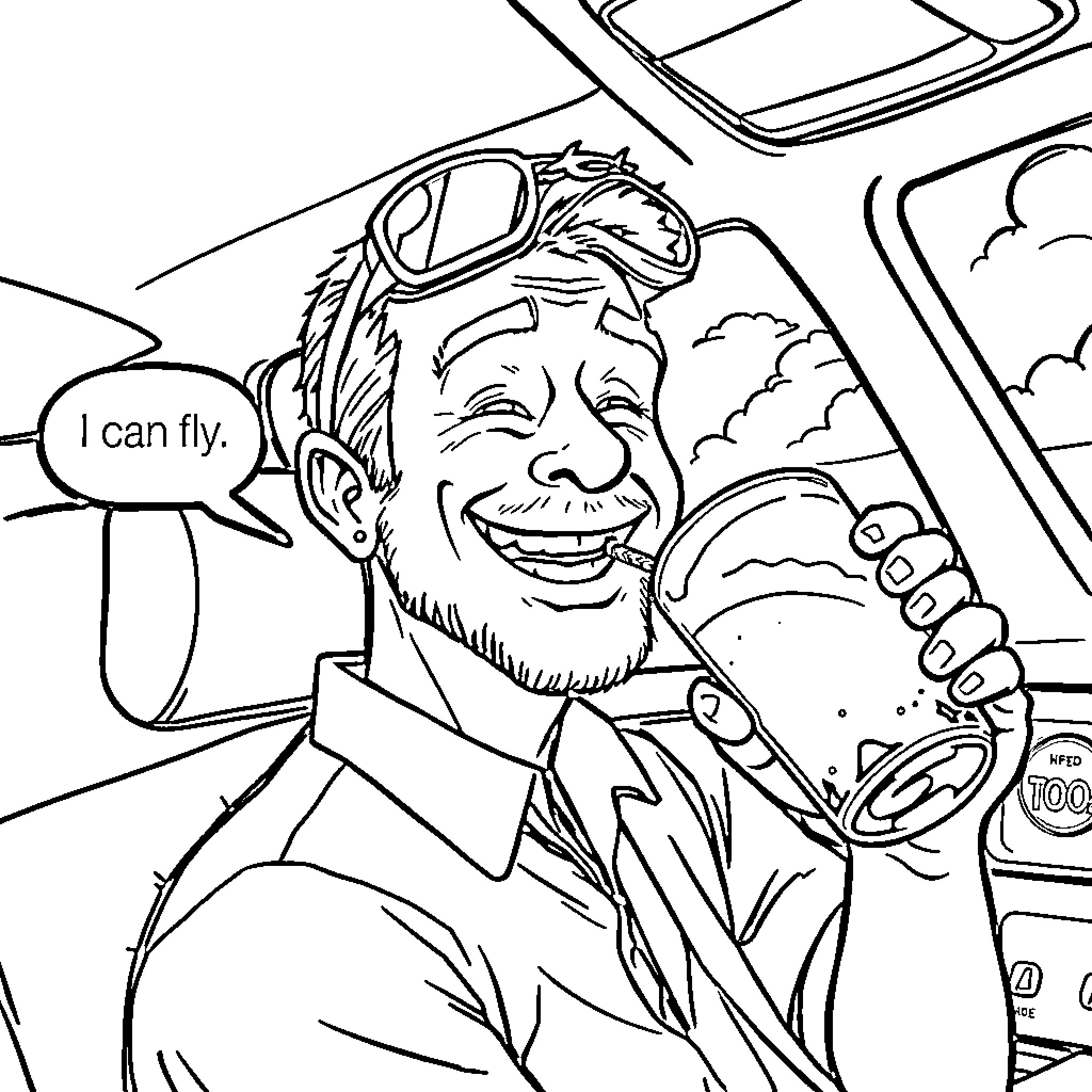 Pilot's Joyful Expression in the Cockpit Coloring Page (free black-and-white line drawing printable PDF for all, from beginners to advanced learners, including children, teens, adults, and seniors)
