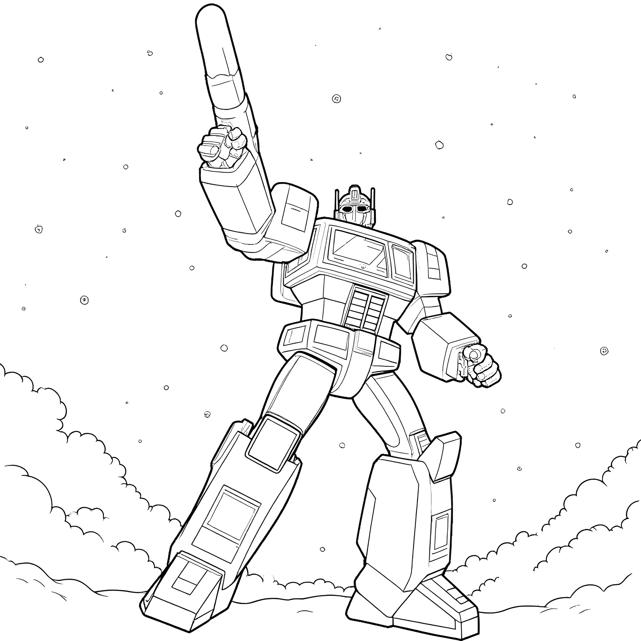 Transformer robot in heroic pose against starry sky Coloring Page (free black-and-white line drawing printable PDF for all, from beginners to advanced learners, including children, teens, adults, and seniors)