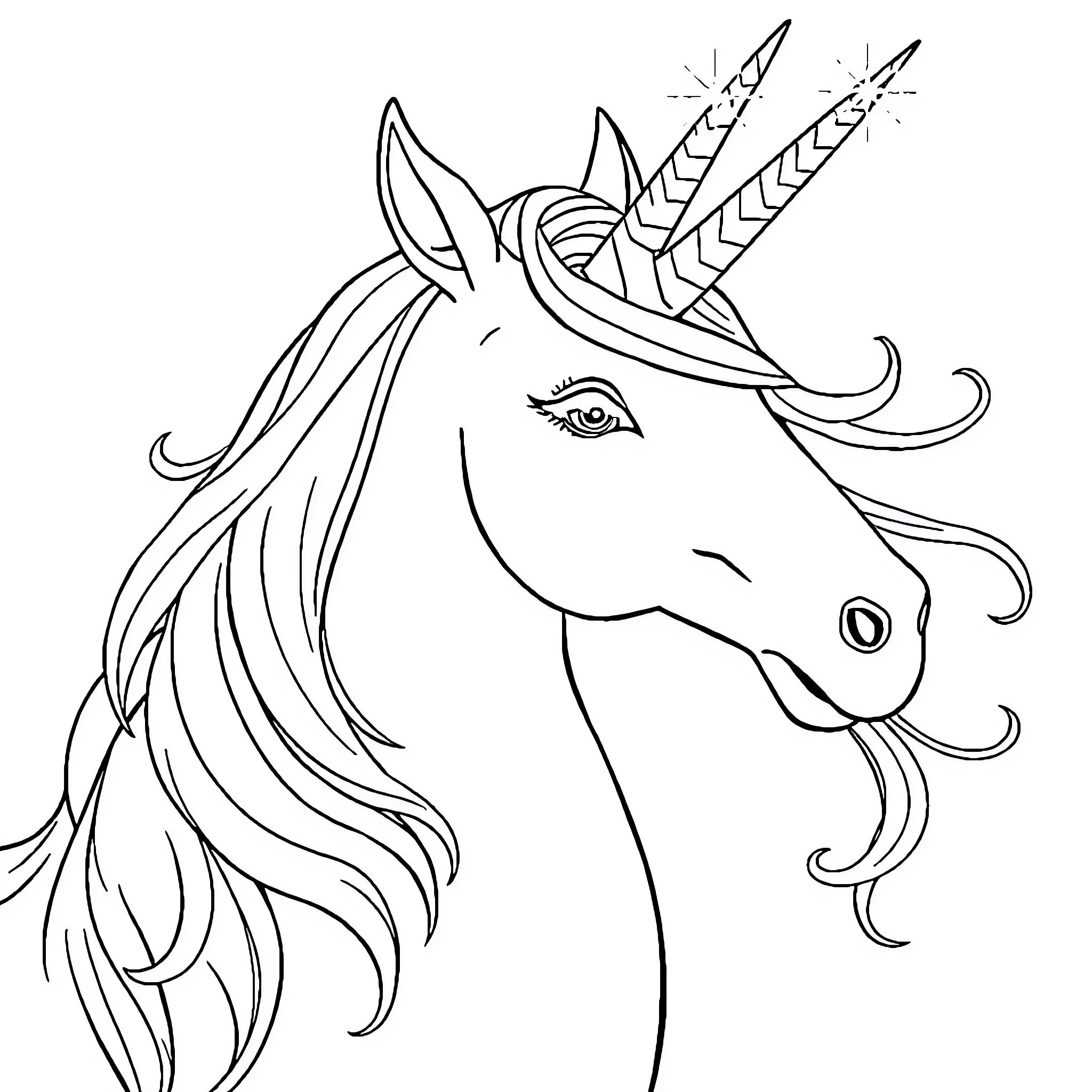 Unicorn with stylized horn and flowing mane Coloring Page (free black-and-white line drawing printable PDF for all, from beginners to advanced learners, including children, teens, adults, and seniors)
