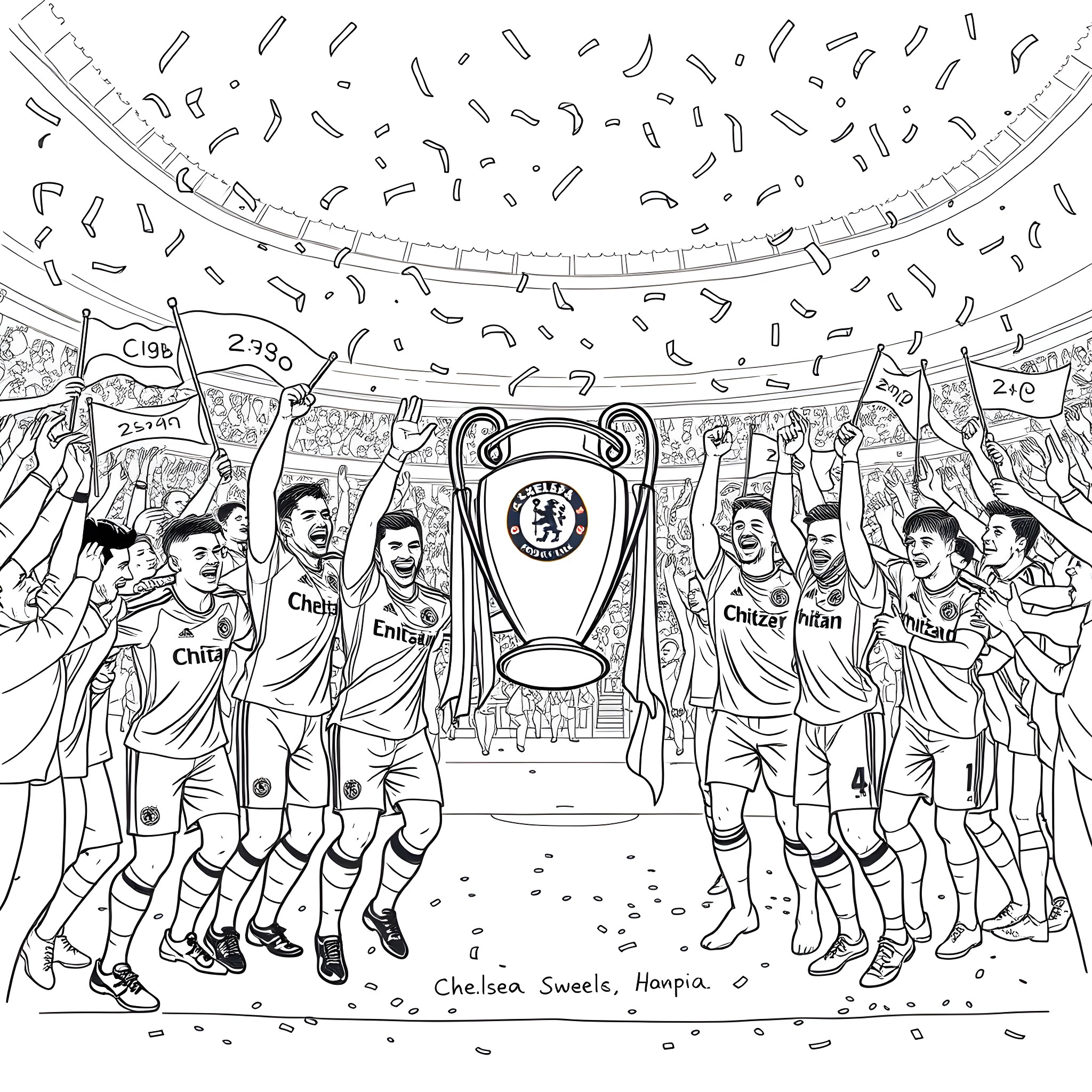 Chelsea players celebrating champions league trophy win Coloring Page (free black-and-white line drawing printable PDF for all, from beginners to advanced learners, including children, teens, adults, and seniors)