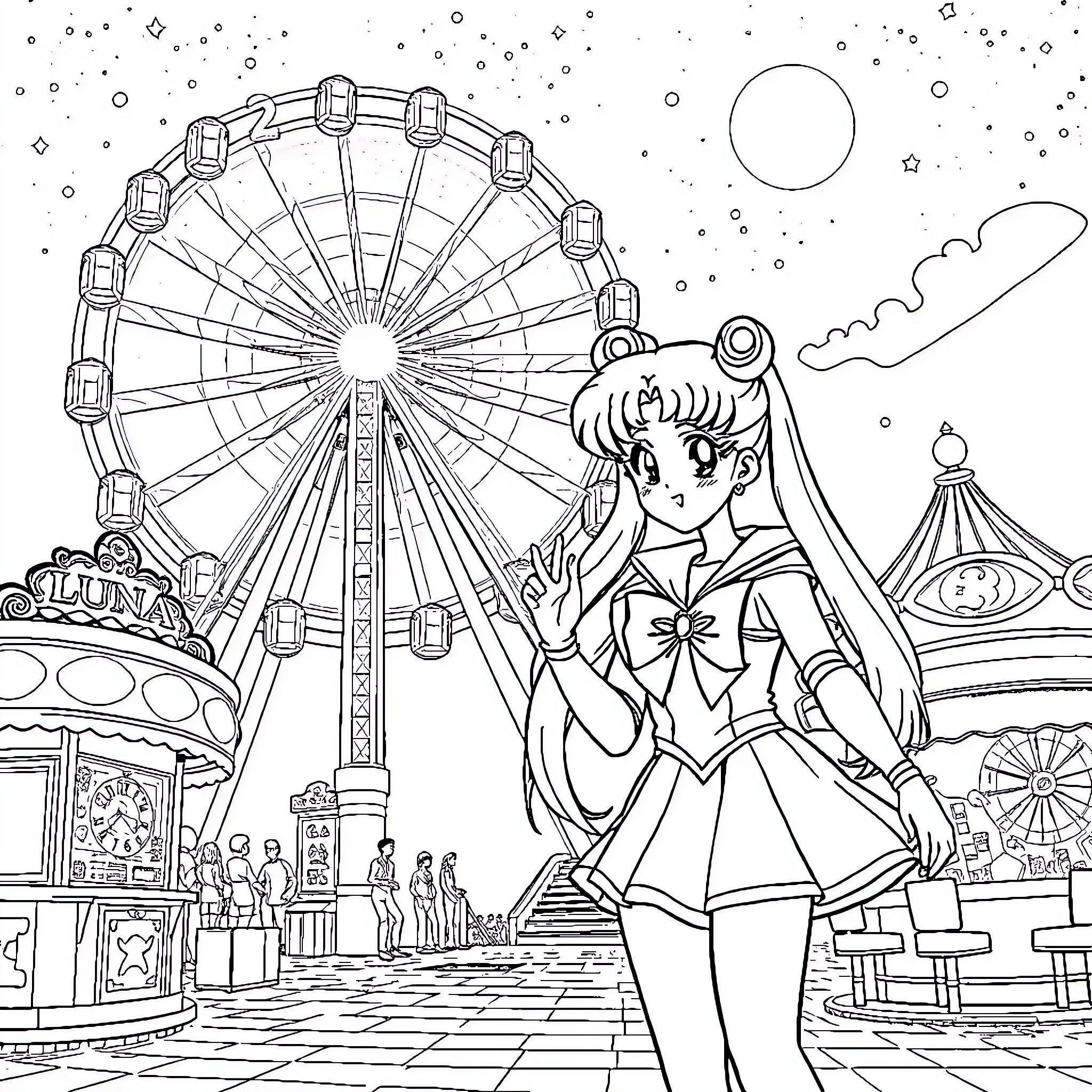 Sailor Moon enjoying the amusement park Coloring Page (free black-and-white line drawing printable PDF for all, from beginners to advanced learners, including children, teens, adults, and seniors)