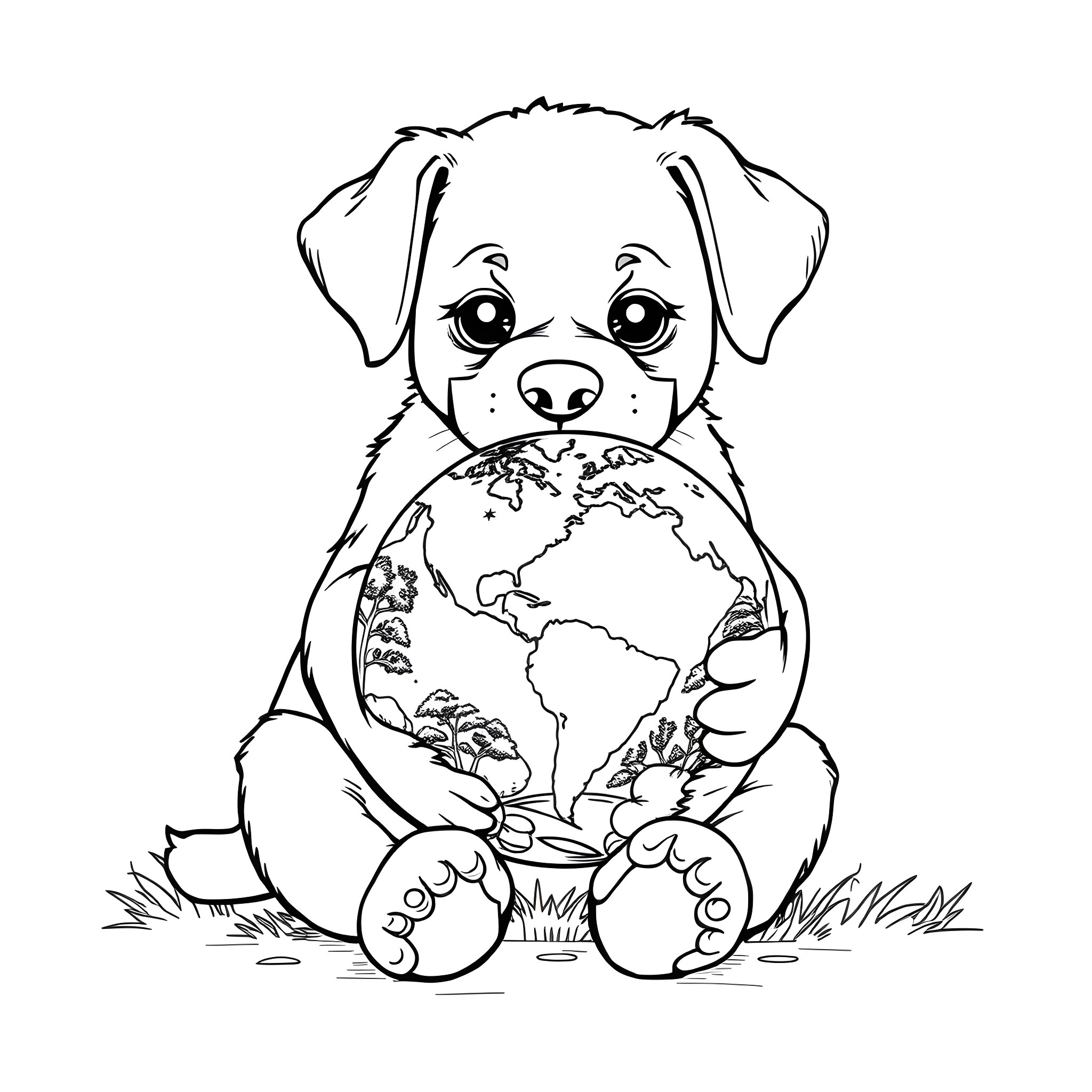 Puppy holding the world in its paws Coloring Page (free black-and-white line drawing printable PDF for all, from beginners to advanced learners, including children, teens, adults, and seniors)
