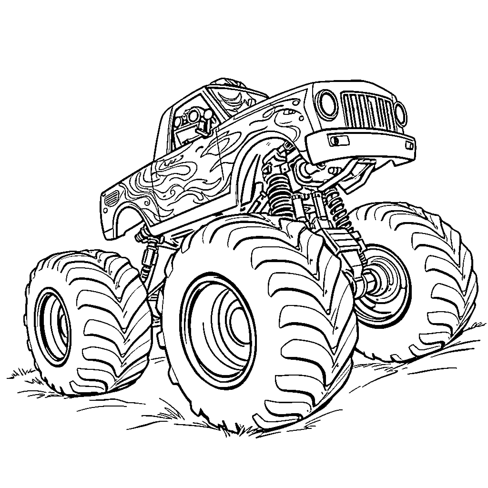 Monster Truck Crushing Terrain with Massive Tires Coloring Page (free black-and-white line drawing printable PDF for all, from beginners to advanced learners, including children, teens, adults, and seniors)