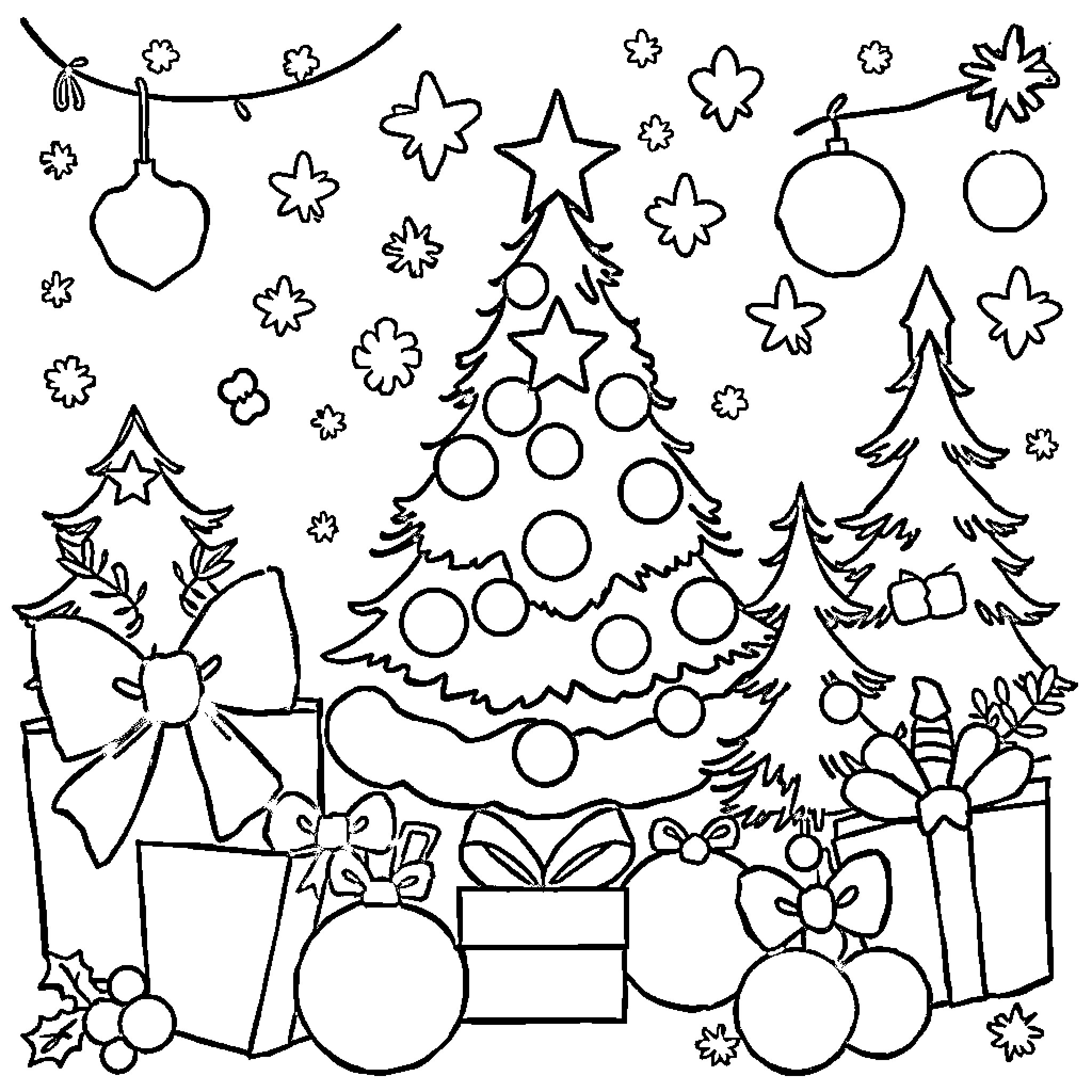 Christmas decorations and ornaments Coloring Page (free black-and-white line drawing printable PDF for all, from beginners to advanced learners, including children, teens, adults, and seniors)