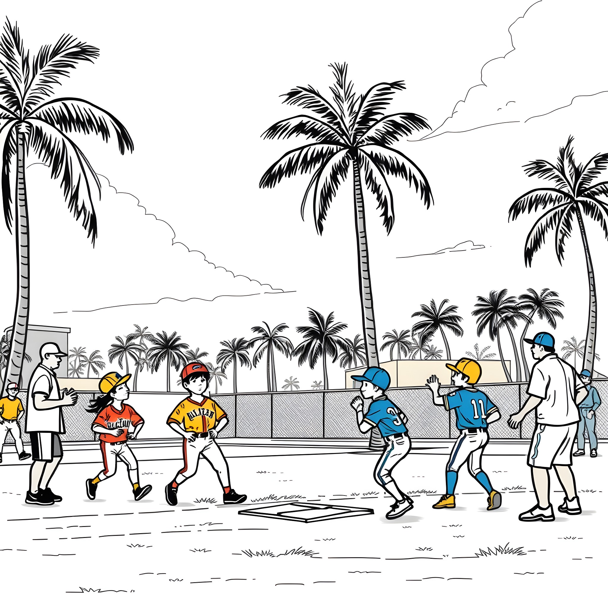 Baseball players in tropical park setting Coloring Page (free black-and-white line drawing printable PDF for all, from beginners to advanced learners, including children, teens, adults, and seniors)