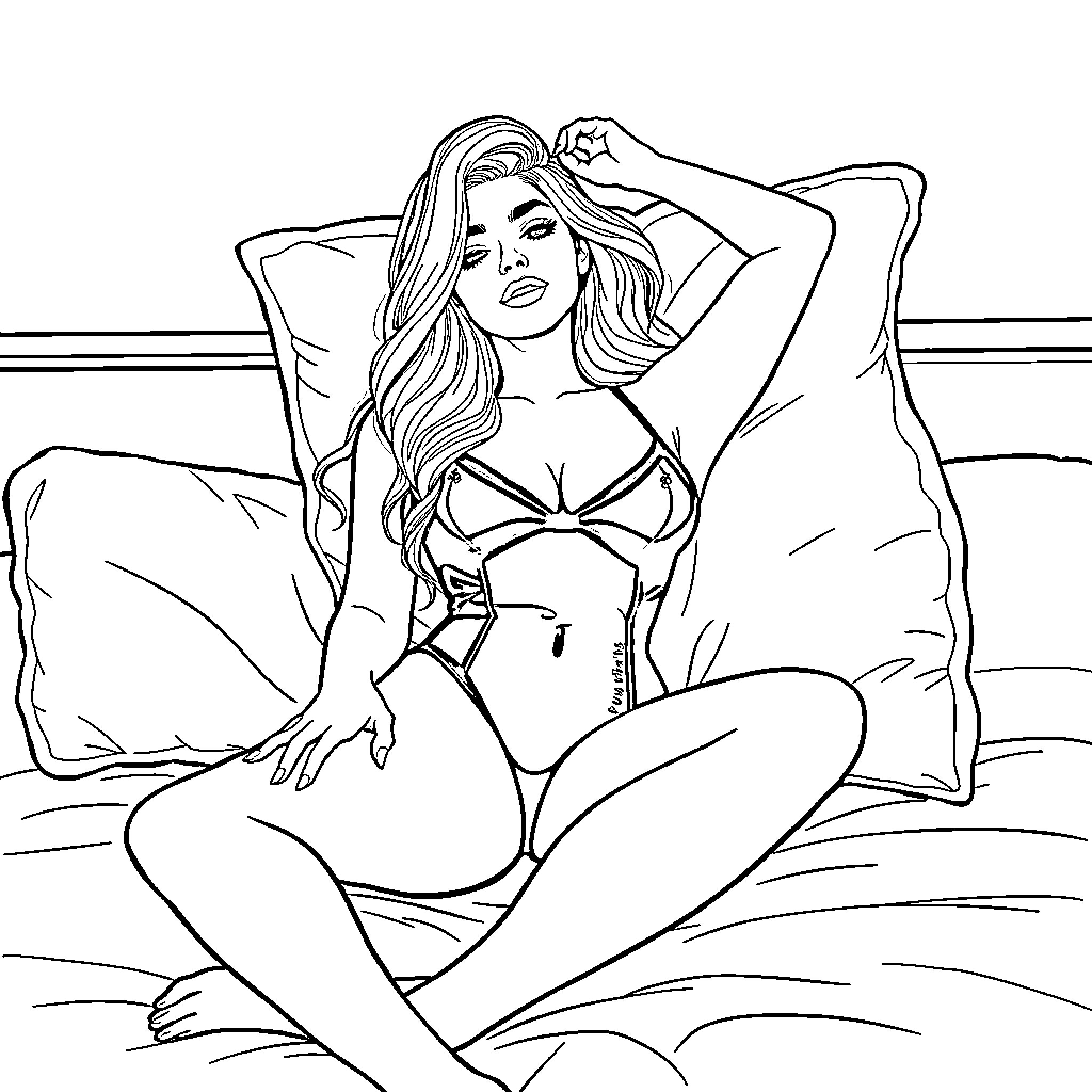 Bebe Rexha Relaxing in Bikini on Beach Coloring Page (free black-and-white line drawing printable PDF for all, from beginners to advanced learners, including children, teens, adults, and seniors)