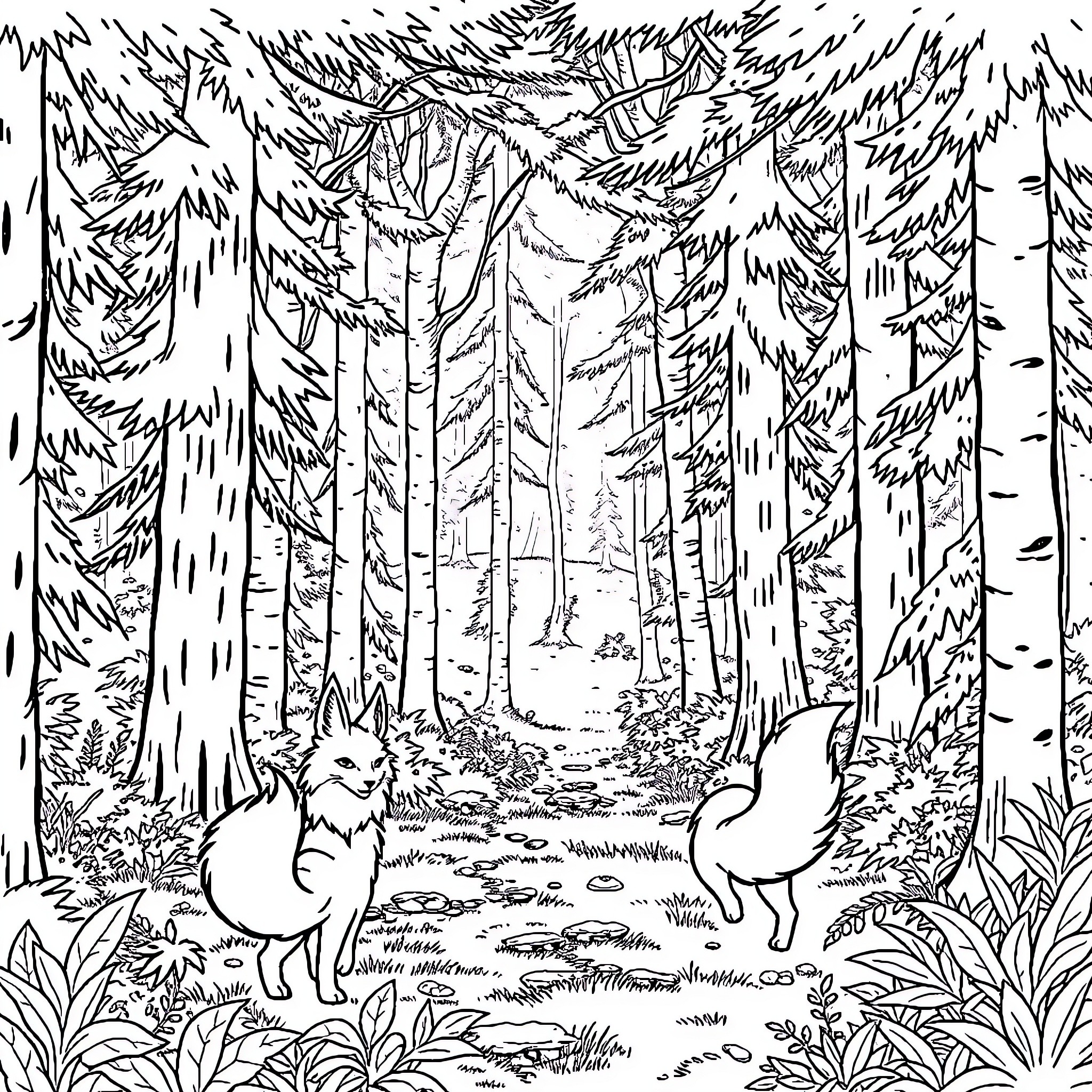 Kitsune foxes exploring the enchanted forest Coloring Page (free black-and-white line drawing printable PDF for all, from beginners to advanced learners, including children, teens, adults, and seniors)