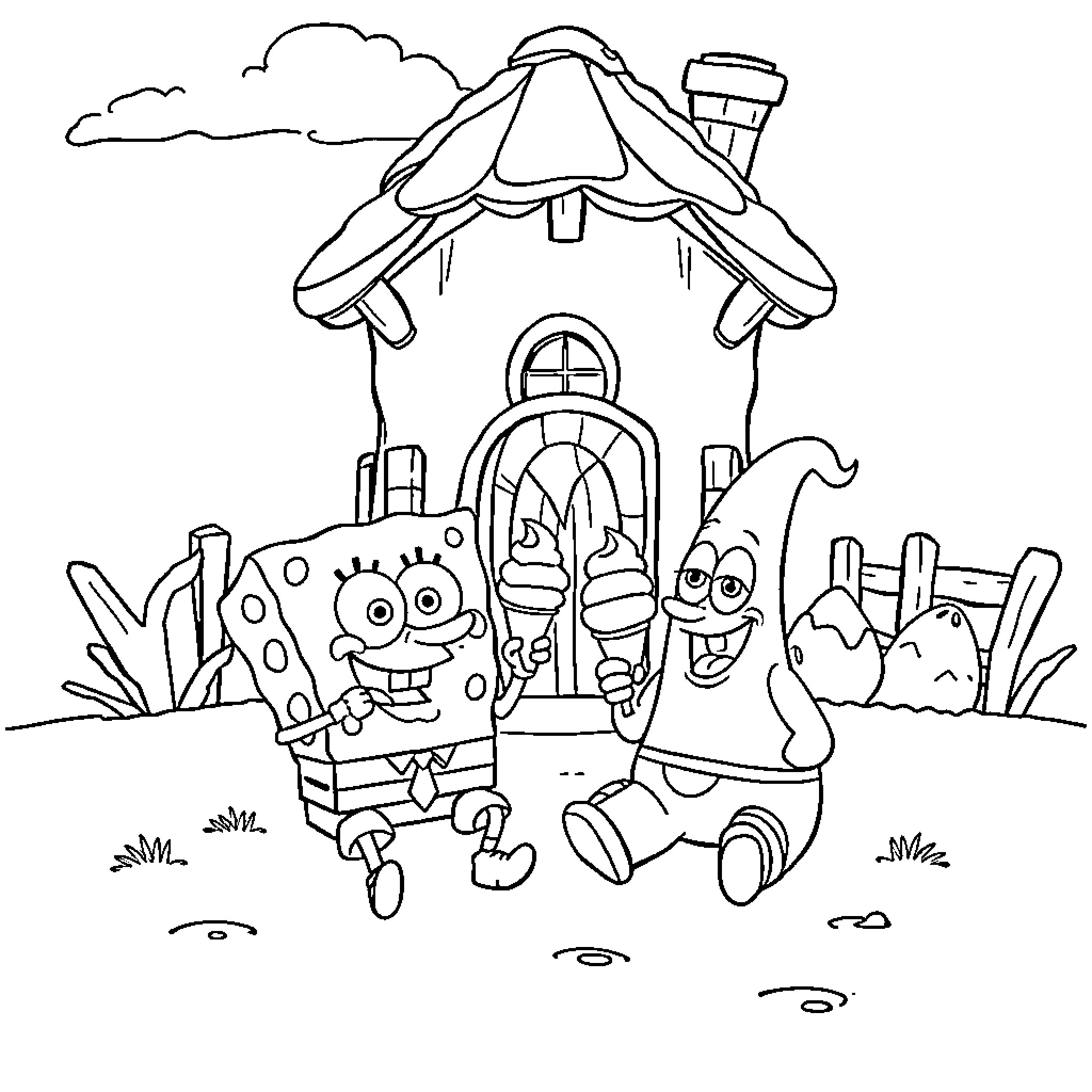 Spongebob and friends playing outside their house Coloring Page (free black-and-white line drawing printable PDF for all, from beginners to advanced learners, including children, teens, adults, and seniors)