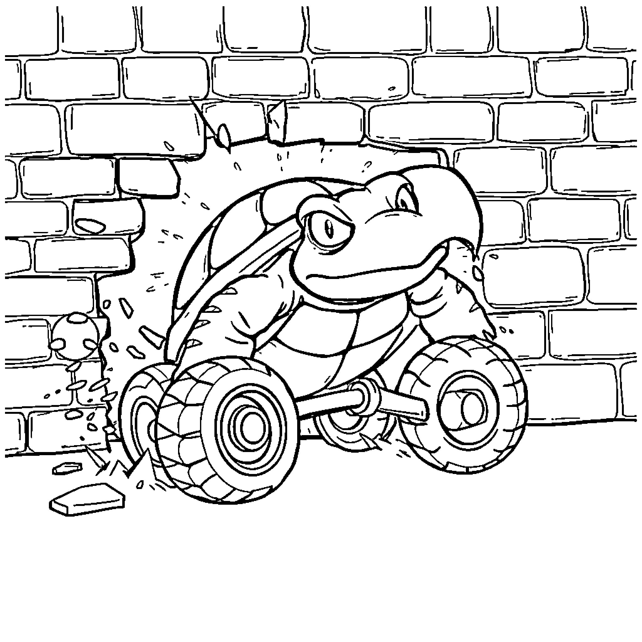 Turtle riding a toy vehicle against a brick wall Coloring Page (free black-and-white line drawing printable PDF for all, from beginners to advanced learners, including children, teens, adults, and seniors)