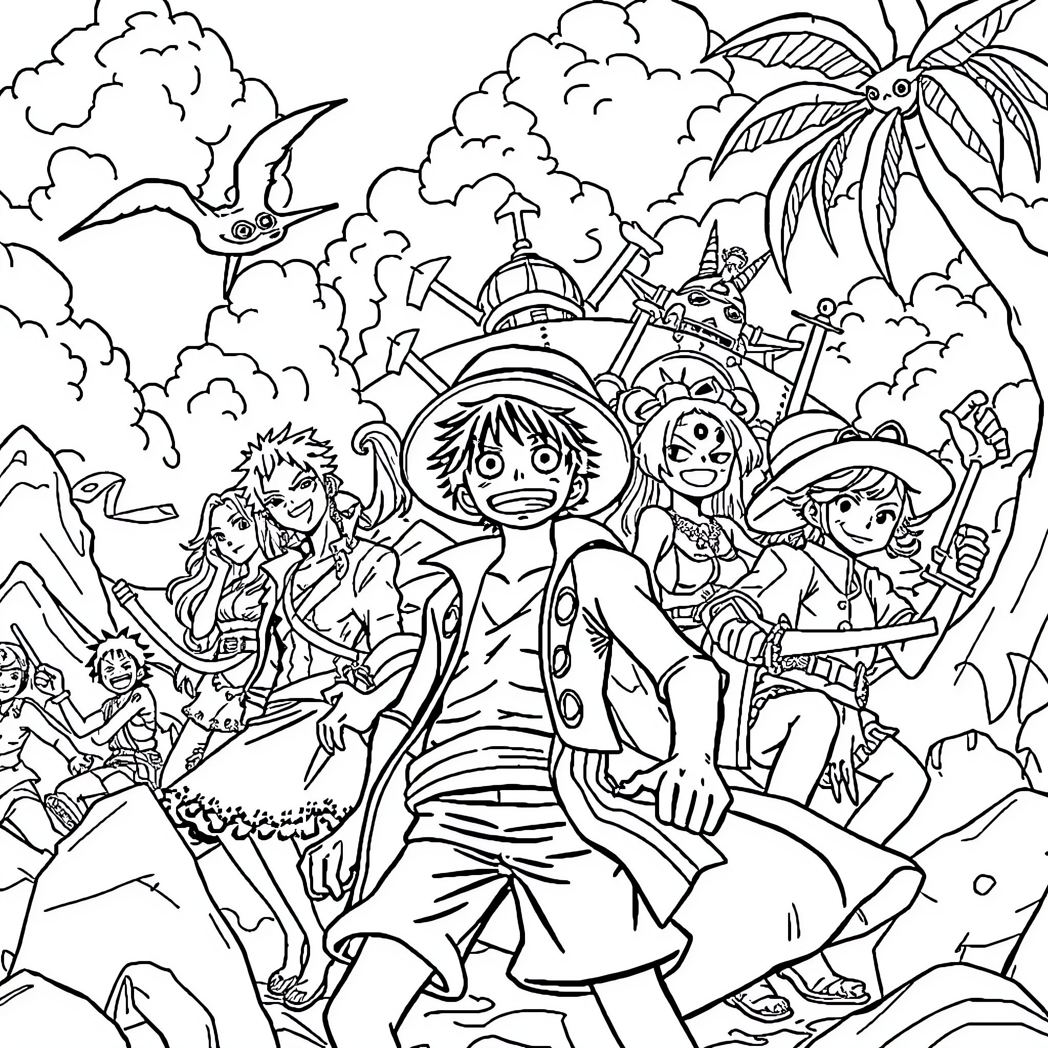 One Piece Crew's Adventure in Tropical Island Coloring Page (free black-and-white line drawing printable PDF for all, from beginners to advanced learners, including children, teens, adults, and seniors)