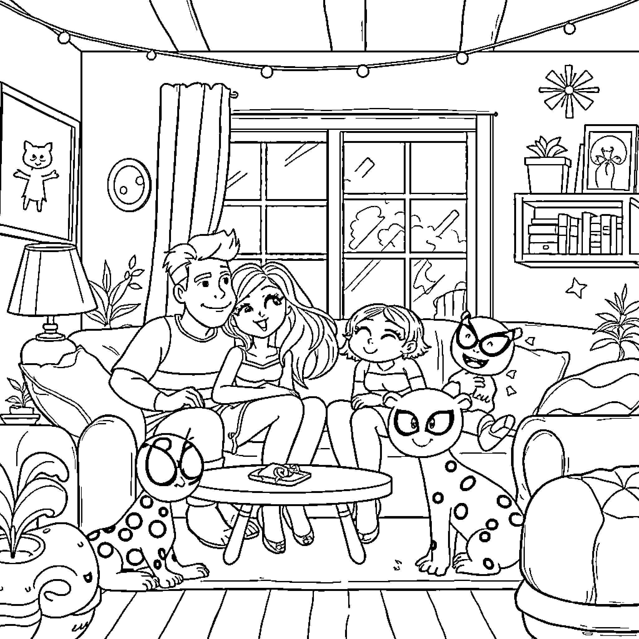 Bluey's Cozy Family Fun at Home Coloring Page (free black-and-white line drawing printable PDF for all, from beginners to advanced learners, including children, teens, adults, and seniors)