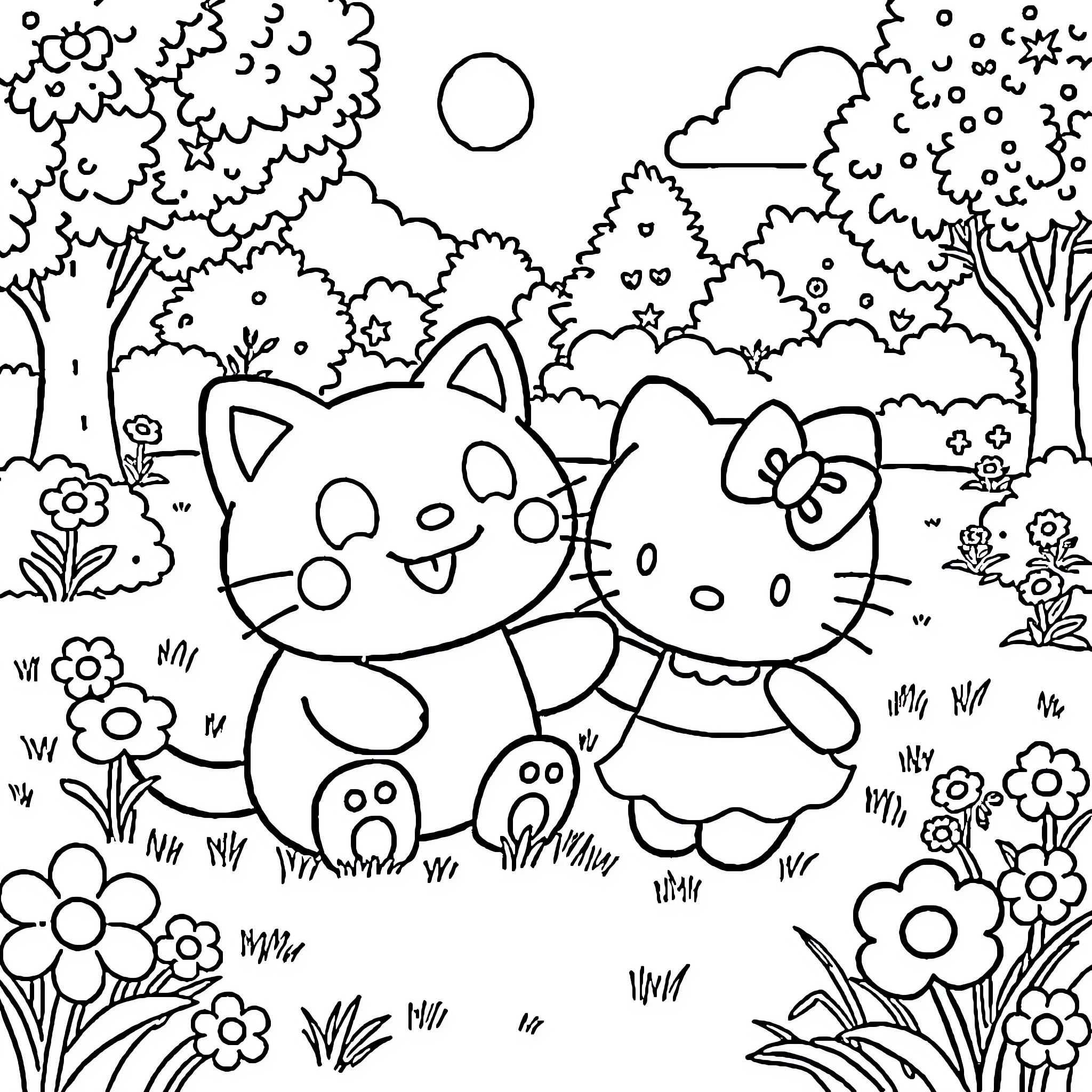 Grogu playing in the magical forest with friends Coloring Page (free black-and-white line drawing printable PDF for all, from beginners to advanced learners, including children, teens, adults, and seniors)