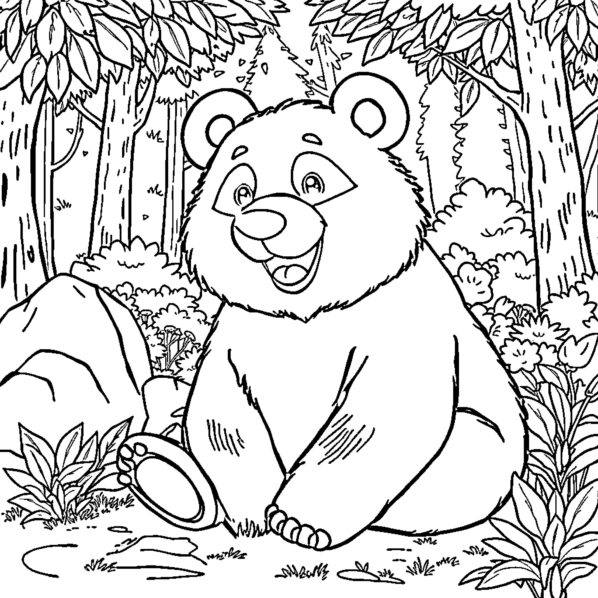 Oso Pooh enjoying the forest scene Coloring Page (free black-and-white line drawing printable PDF for all, from beginners to advanced learners, including children, teens, adults, and seniors)
