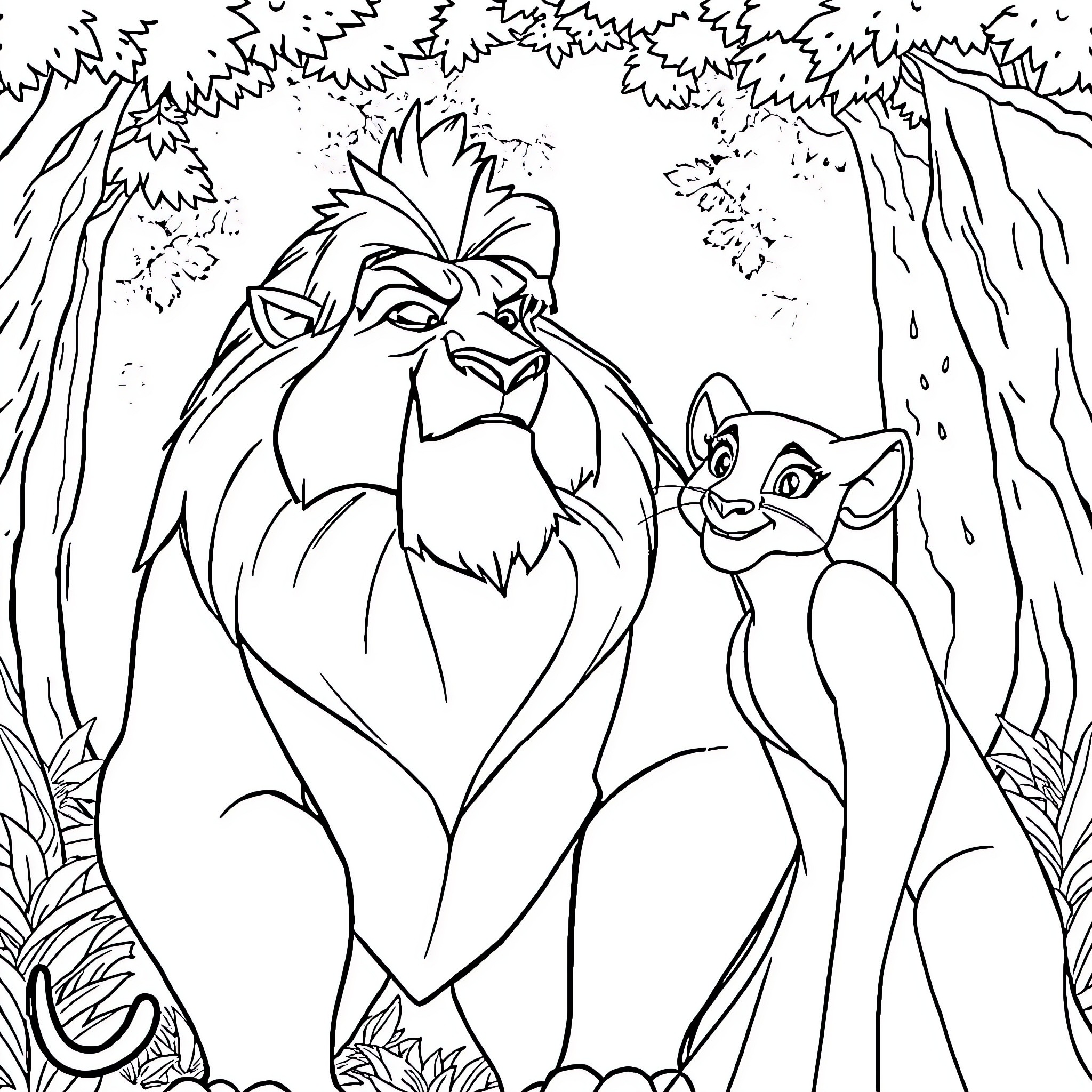 Simba and Nala exploring the jungle Coloring Page (free black-and-white line drawing printable PDF for all, from beginners to advanced learners, including children, teens, adults, and seniors)
