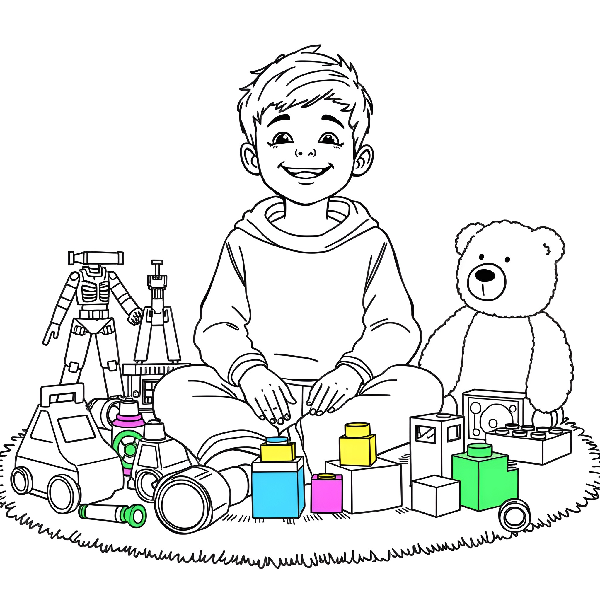 Boy playing joyfully with toys on the floor Coloring Page (free black-and-white line drawing printable PDF for all, from beginners to advanced learners, including children, teens, adults, and seniors)