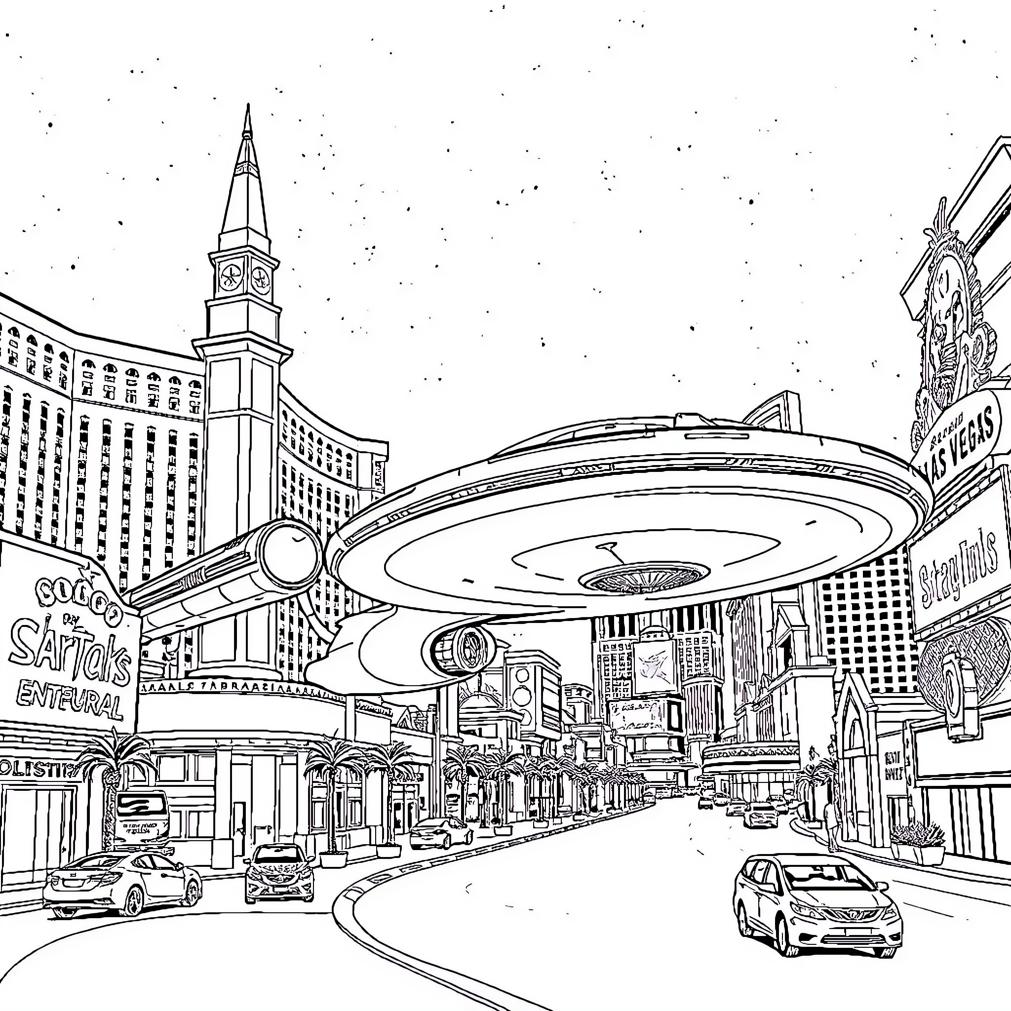 Starship Over Futuristic City Skyline Coloring Page (free black-and-white line drawing printable PDF for all, from beginners to advanced learners, including children, teens, adults, and seniors)