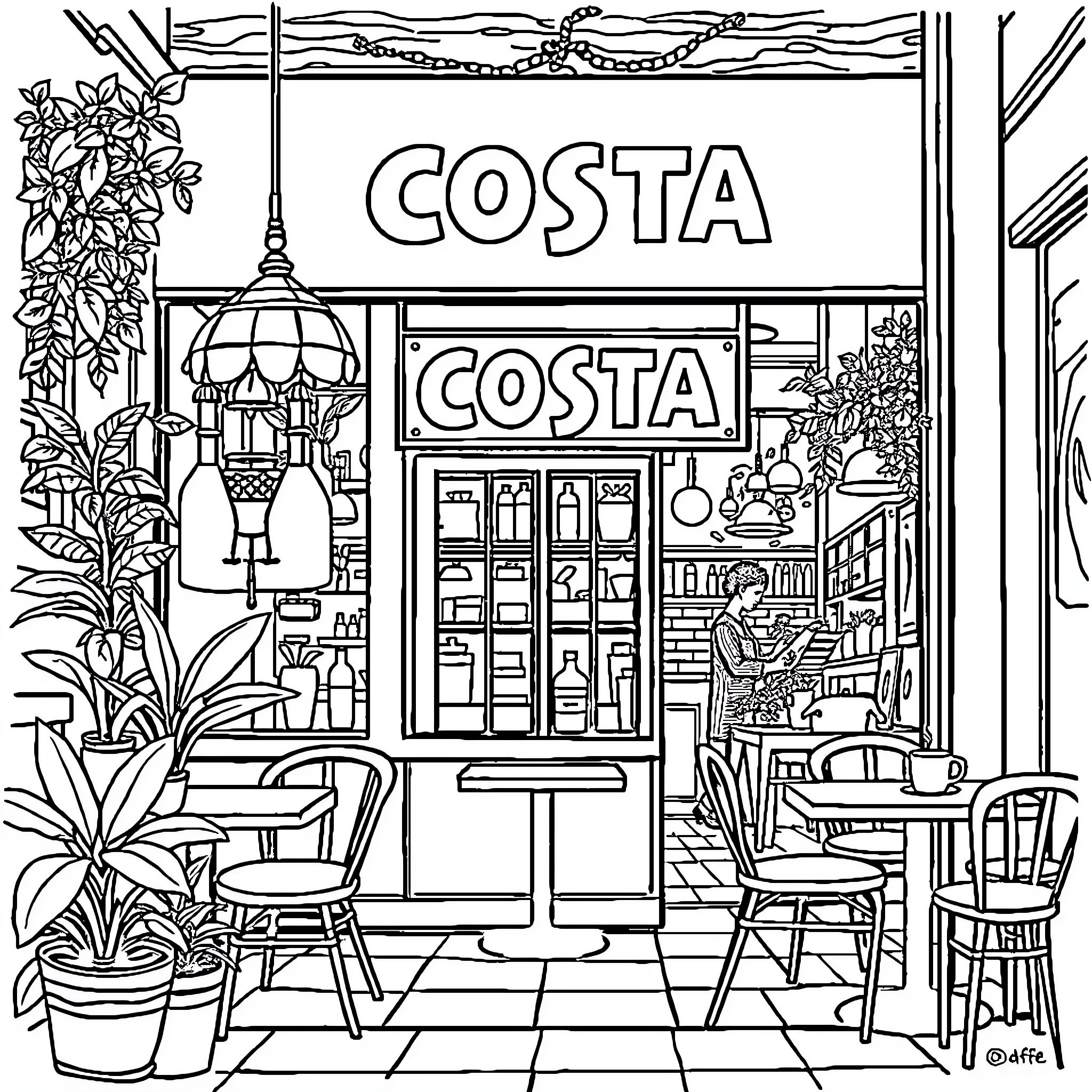 Cozy Costa Coffee Shop Interior Coloring Page (free black-and-white line drawing printable PDF for all, from beginners to advanced learners, including children, teens, adults, and seniors)