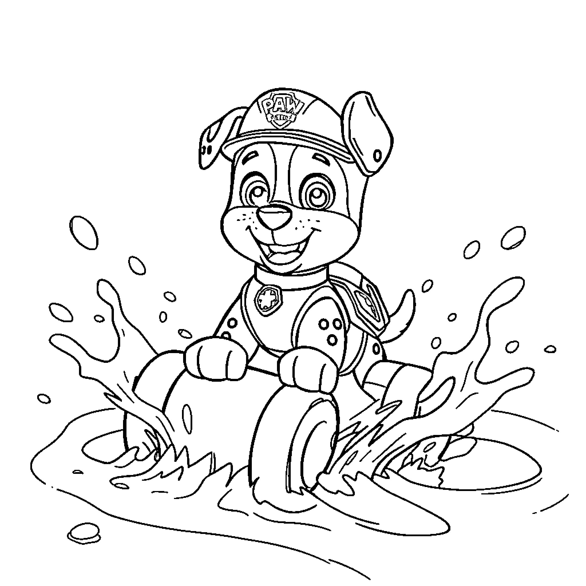 Puppy firefighter playing in the mud Coloring Page (free black-and-white line drawing printable PDF for all, from beginners to advanced learners, including children, teens, adults, and seniors)
