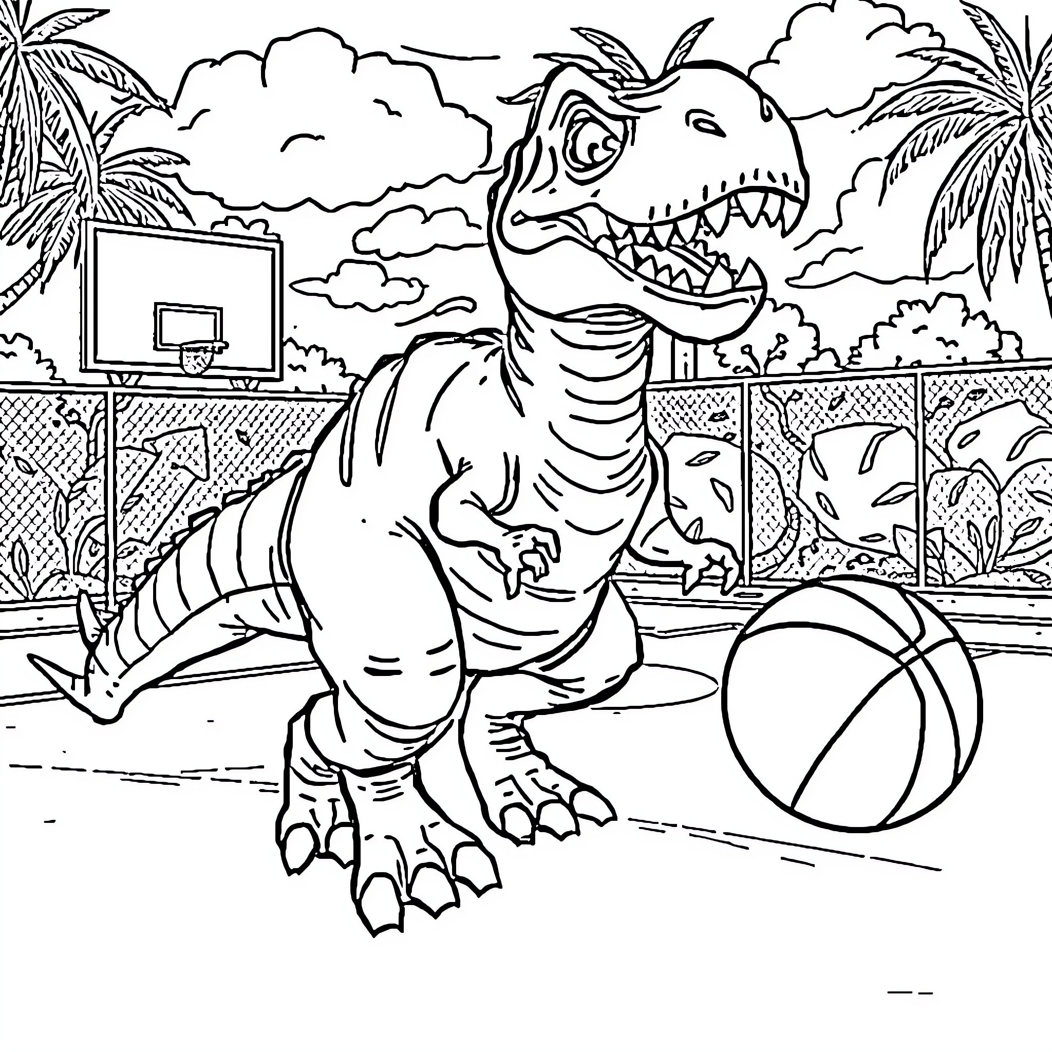 Dinosaur playing with basketball in tropical setting Coloring Page (free black-and-white line drawing printable PDF for all, from beginners to advanced learners, including children, teens, adults, and seniors)