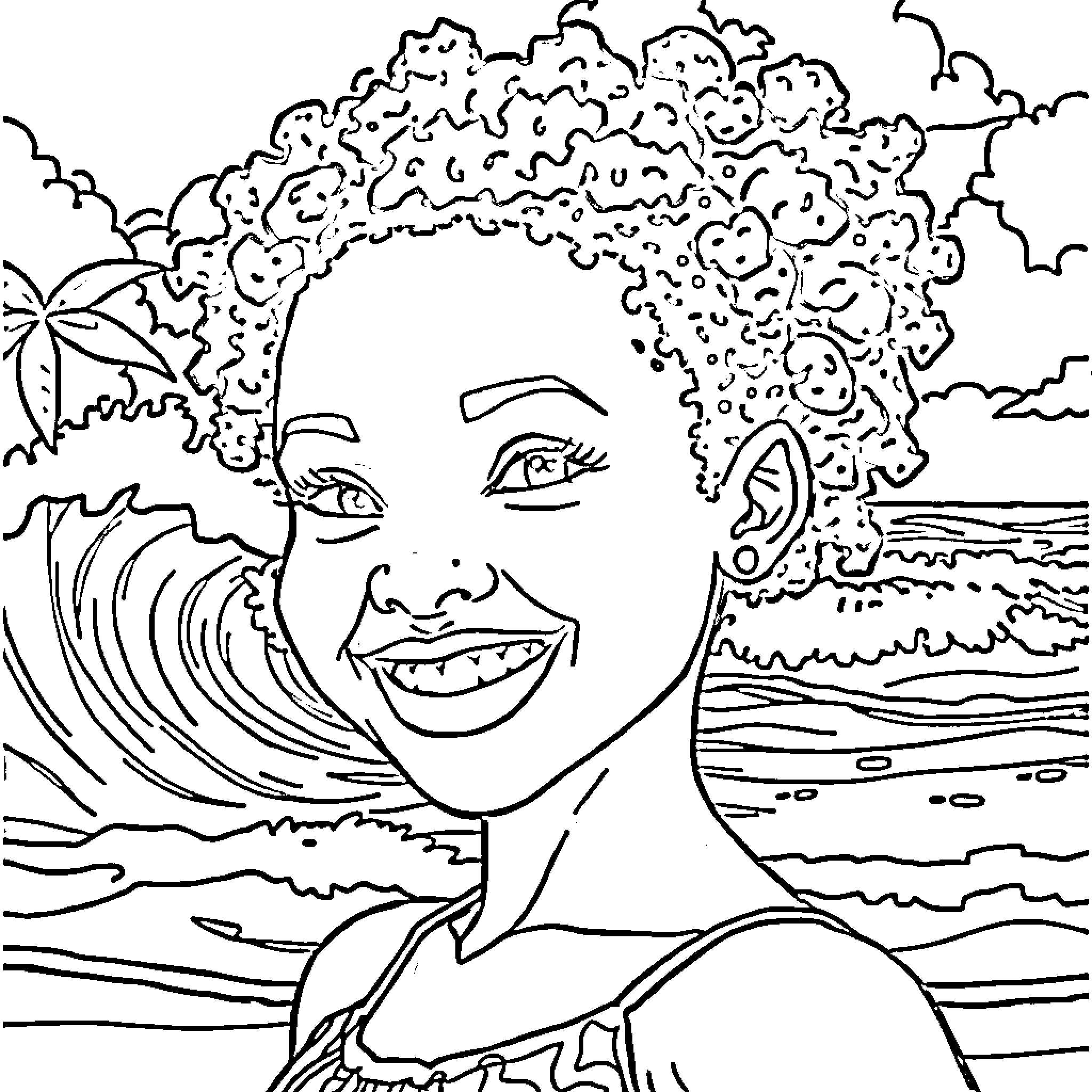 Girl with curly hair enjoying the beach Coloring Page (free black-and-white line drawing printable PDF for all, from beginners to advanced learners, including children, teens, adults, and seniors)