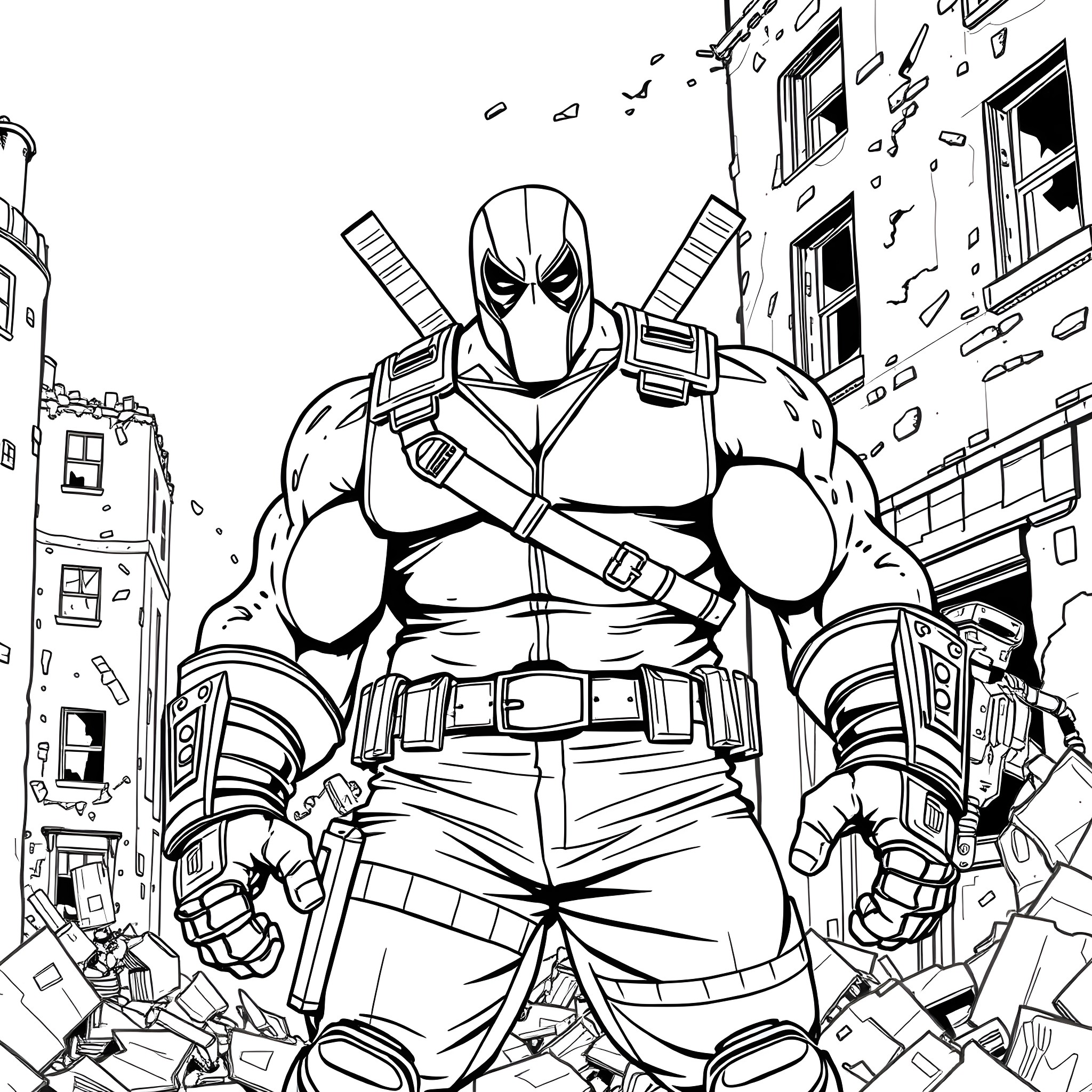 Bane's Destructive Rampage in the City Coloring Page (free black-and-white line drawing printable PDF for all, from beginners to advanced learners, including children, teens, adults, and seniors)